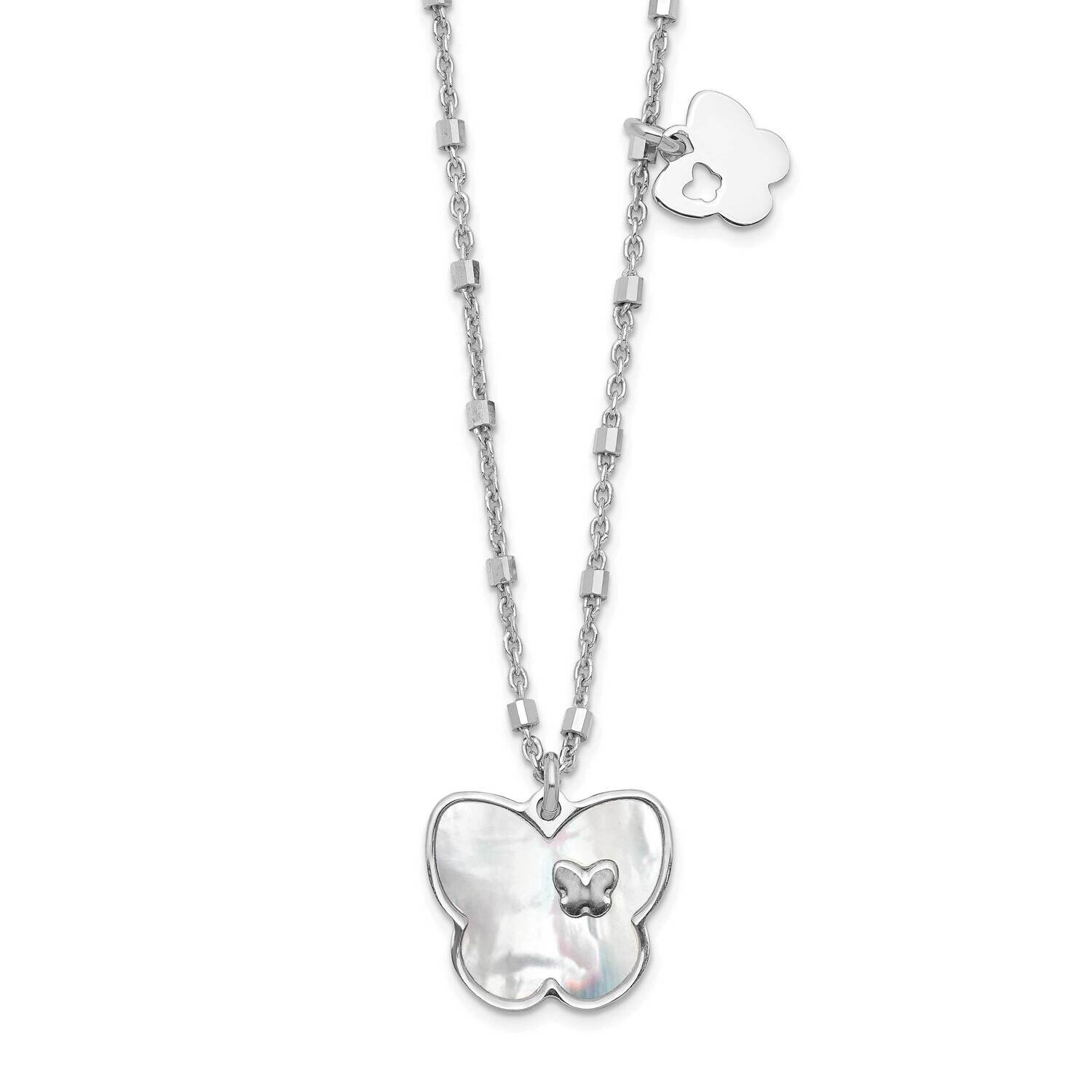 Mother of Pearl Butterfly with 1 Inch Extender Necklace 15.5 Inch Sterling Silver Rhodium-Plated QG…