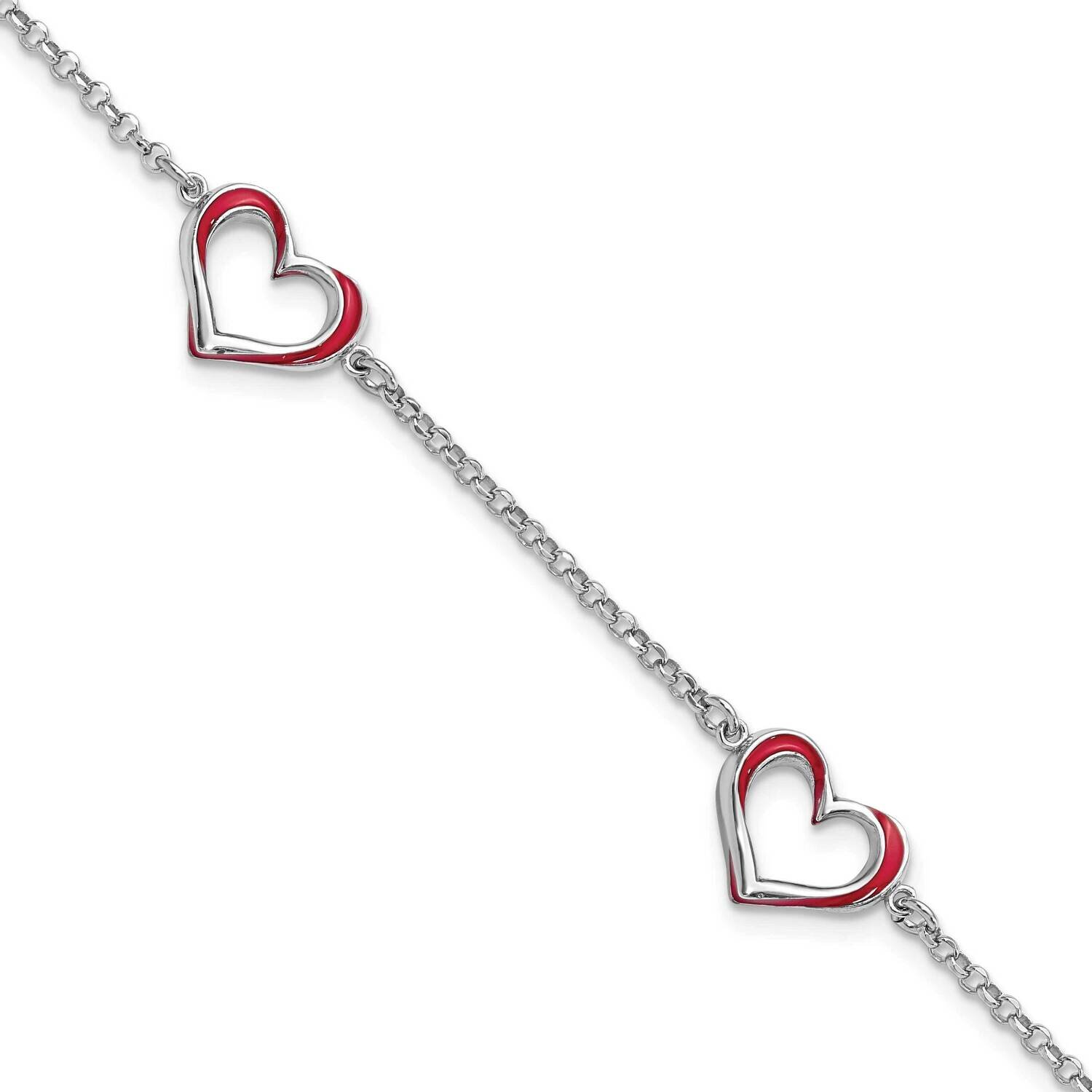 Red Enamel 3-Heart with .5 In Extender Bracelet Sterling Silver Rhodium-Plated QG6213-6.5, MPN: QG6…