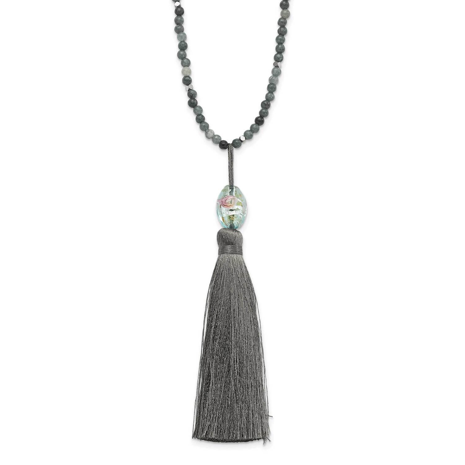 Green Glass Hematite Grey Quartz with Nylon Tassel Drop Necklace 34.5 Inch Sterling Silver Rhodium-…