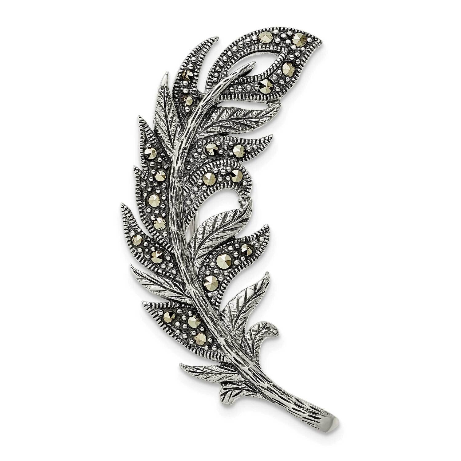 Marcasite Feather Pin Brooch Sterling Silver Antiqued Polished QP5418