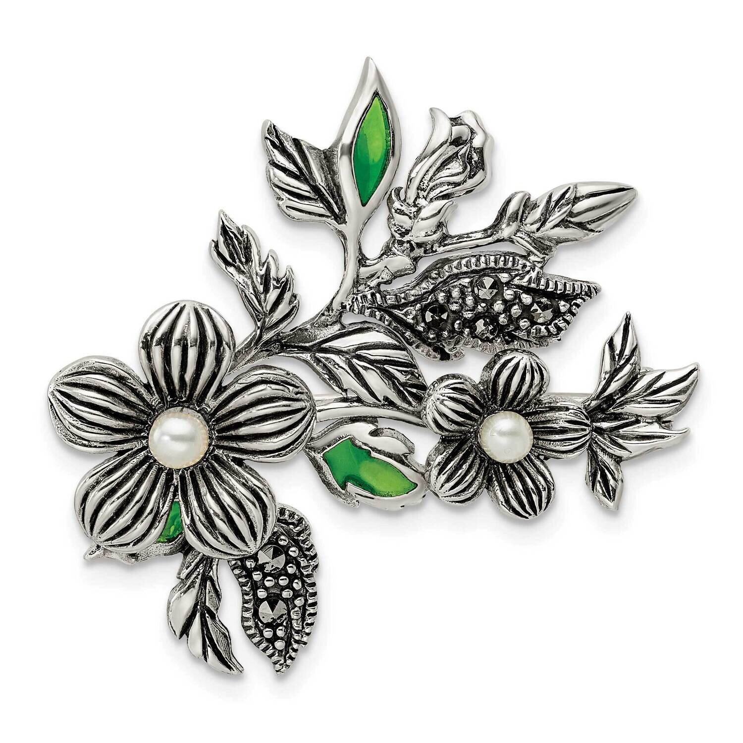 Fwc Pearl Marcasite Enamel Flower Pin Sterling Silver Antiqued QP5419, MPN: QP5419,