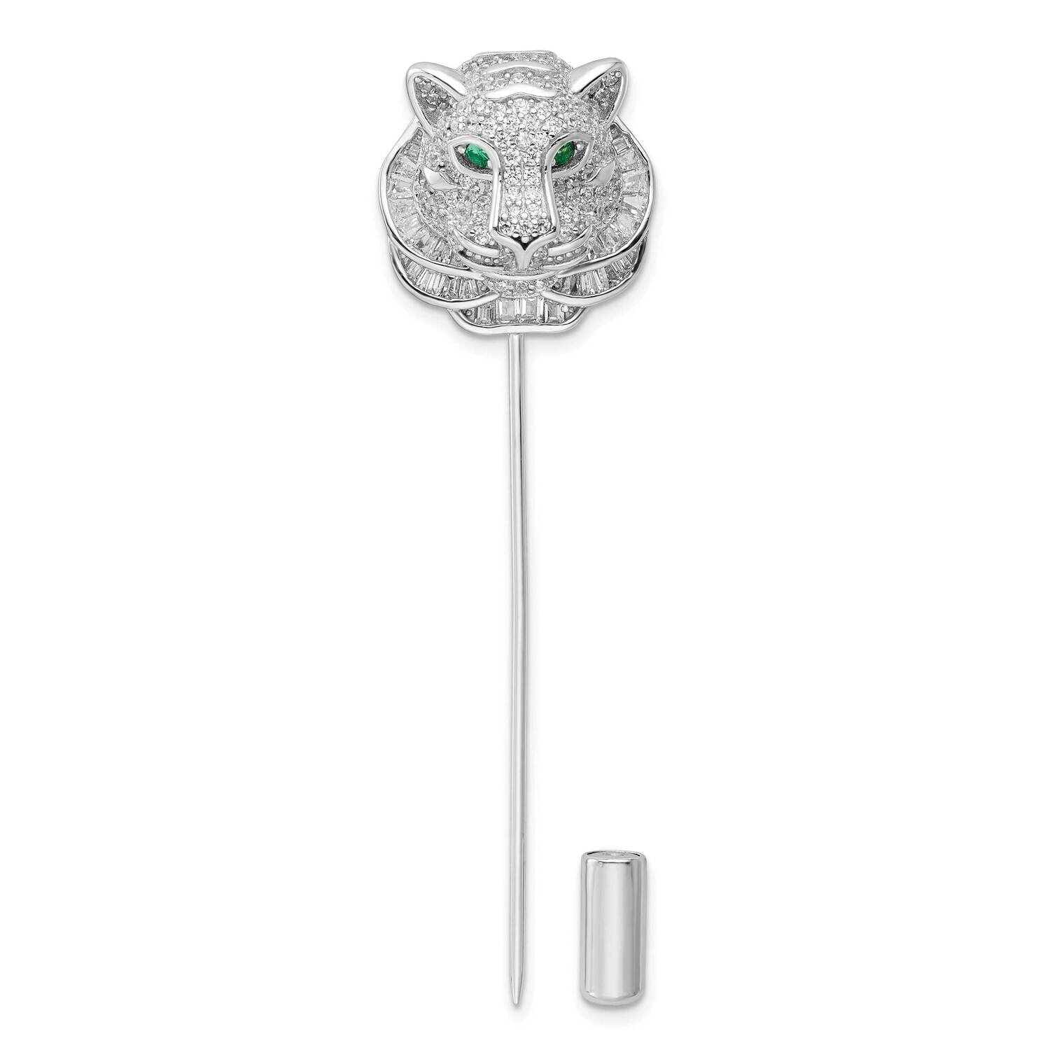 Clear and Green CZ Diamond Tiger Pin Sterling Silver Rhodium-Plated Polished QP5420, MPN: QP5420,