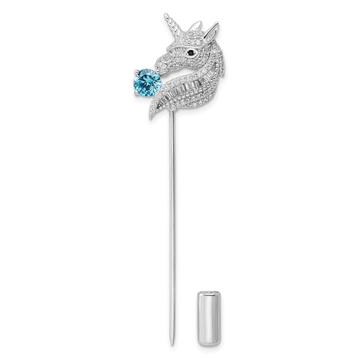 CZ Diamond Unicorn Pin Sterling Silver Rhodium-Plated Polished QP5421, MPN: QP5421,