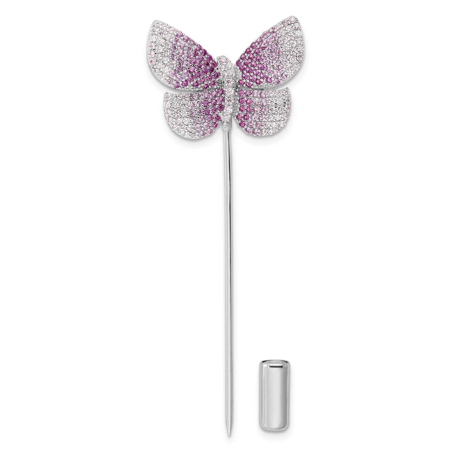 Pink CZ Diamond Butterfly Pin Sterling Silver Rhodium-Plated Polished QP5423