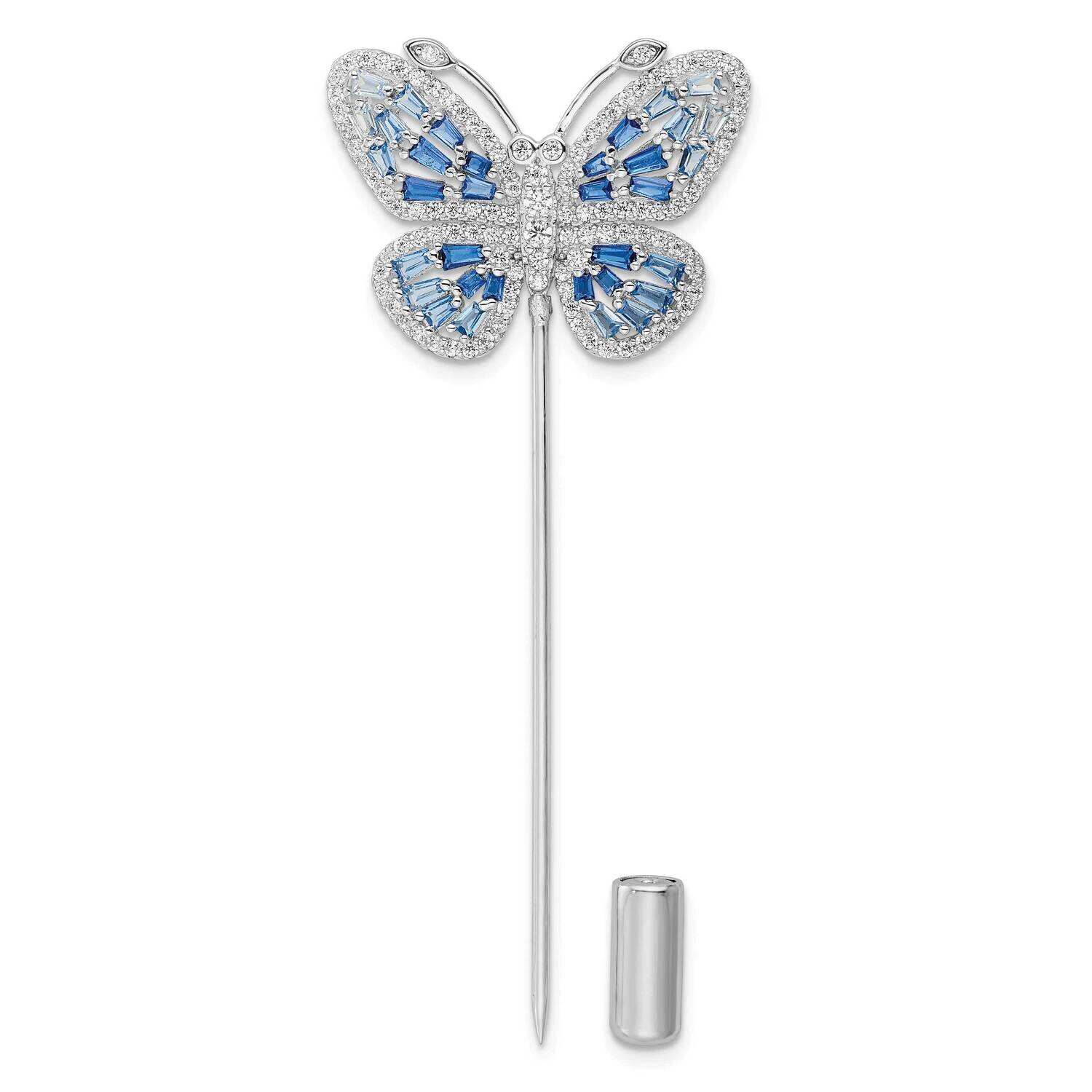 Blue and Clear CZ Diamond Butterfly Pin Sterling Silver Rhodium-Plated Polished QP5424