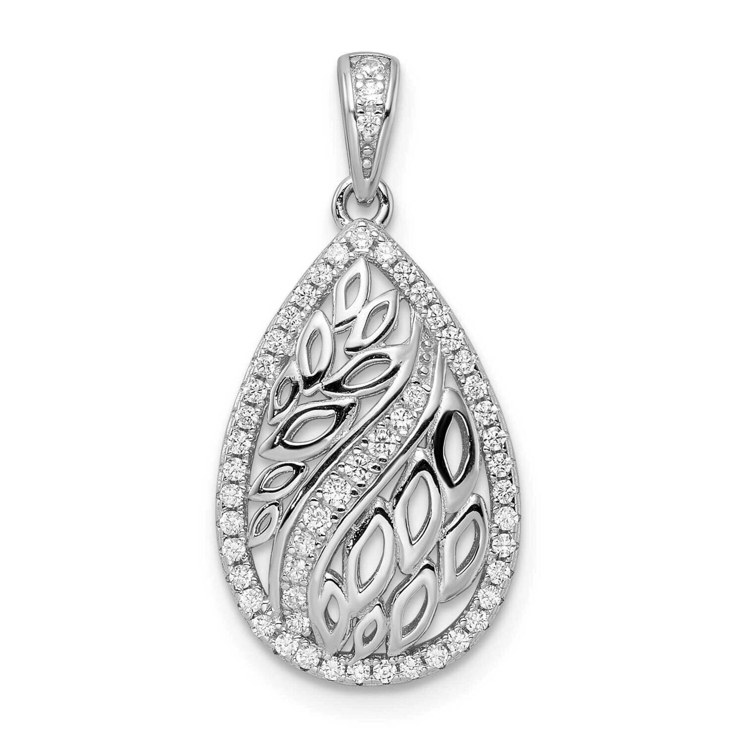 Leaves and CZ Diamond Teardrop Pendant Sterling Silver Rhodium-Plated QP5463