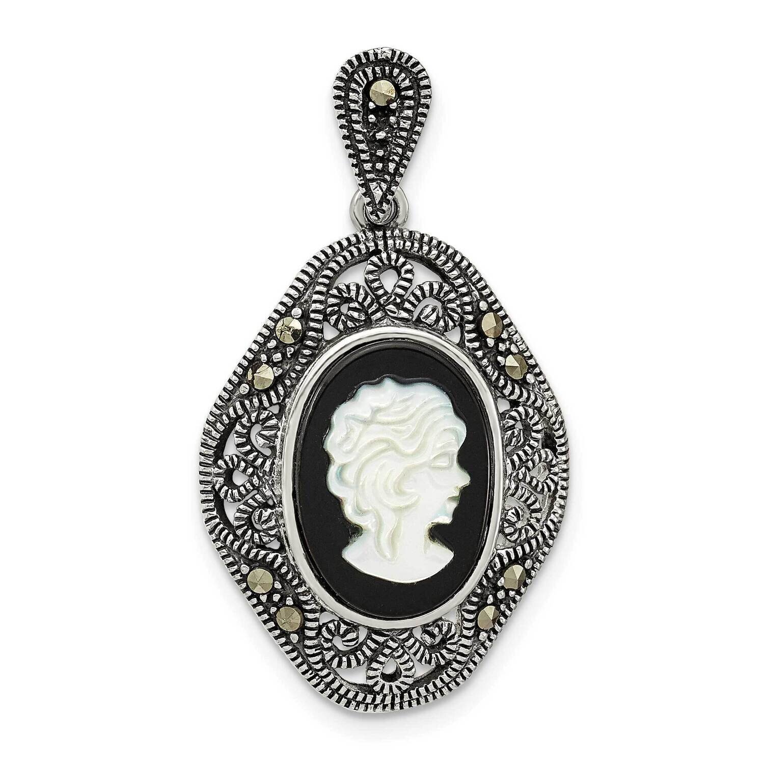 Marcasite Black Agate &amp; Mop Cameo Pendant Sterling Silver Antiqued QP5470, MPN: QP5470,