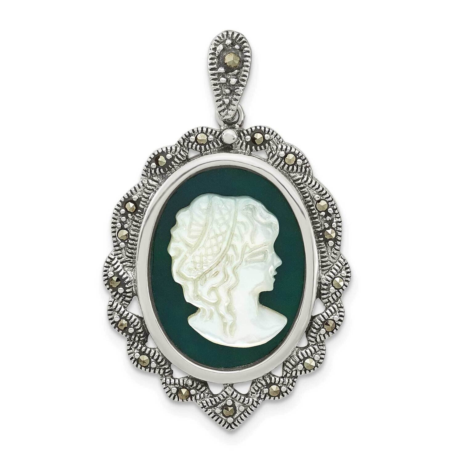Marcasite Green Agate &amp; Mop Cameo Pendant Sterling Silver Antiqued QP5471