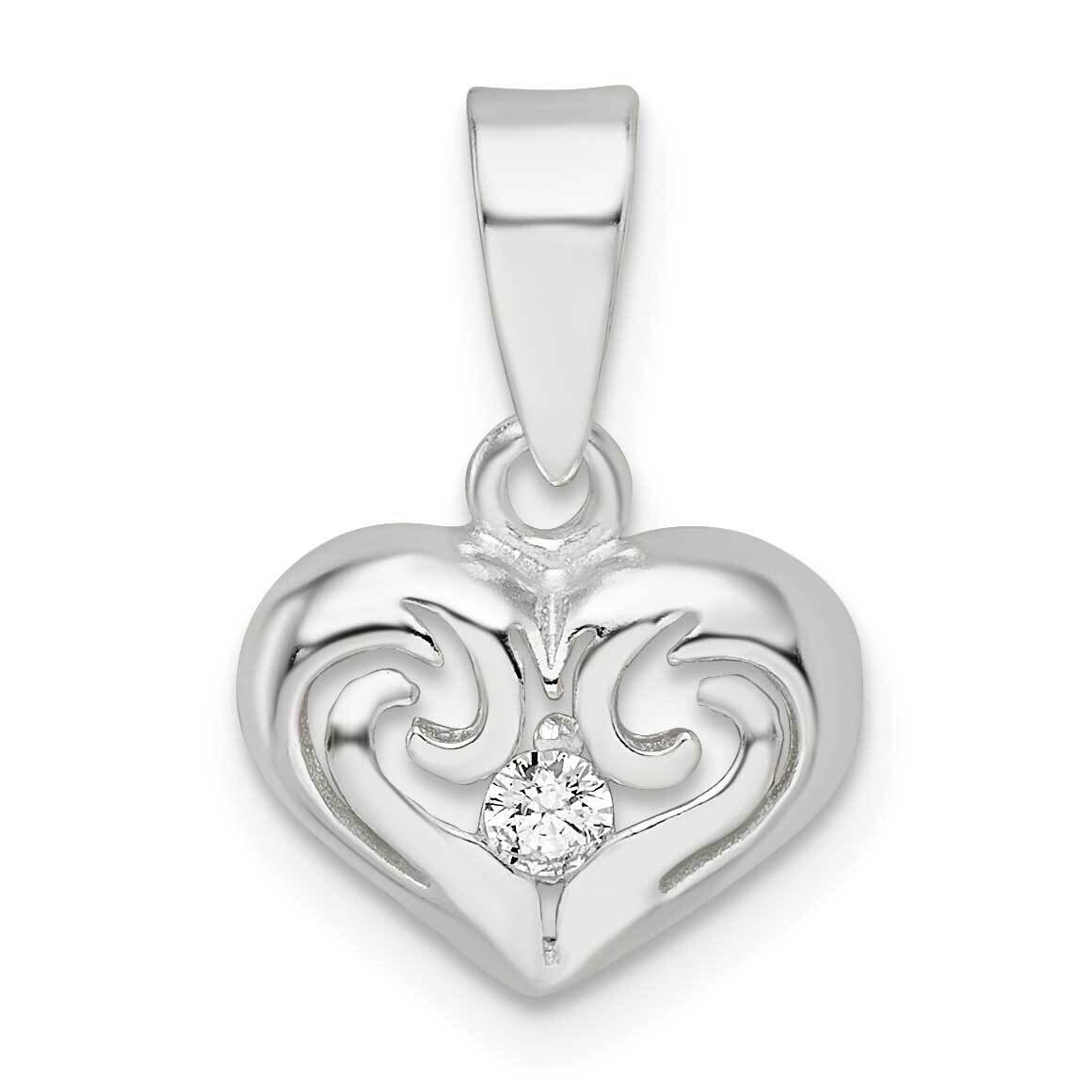 Filigree Heart CZ Diamond Pendant Sterling Silver Polished QP5497