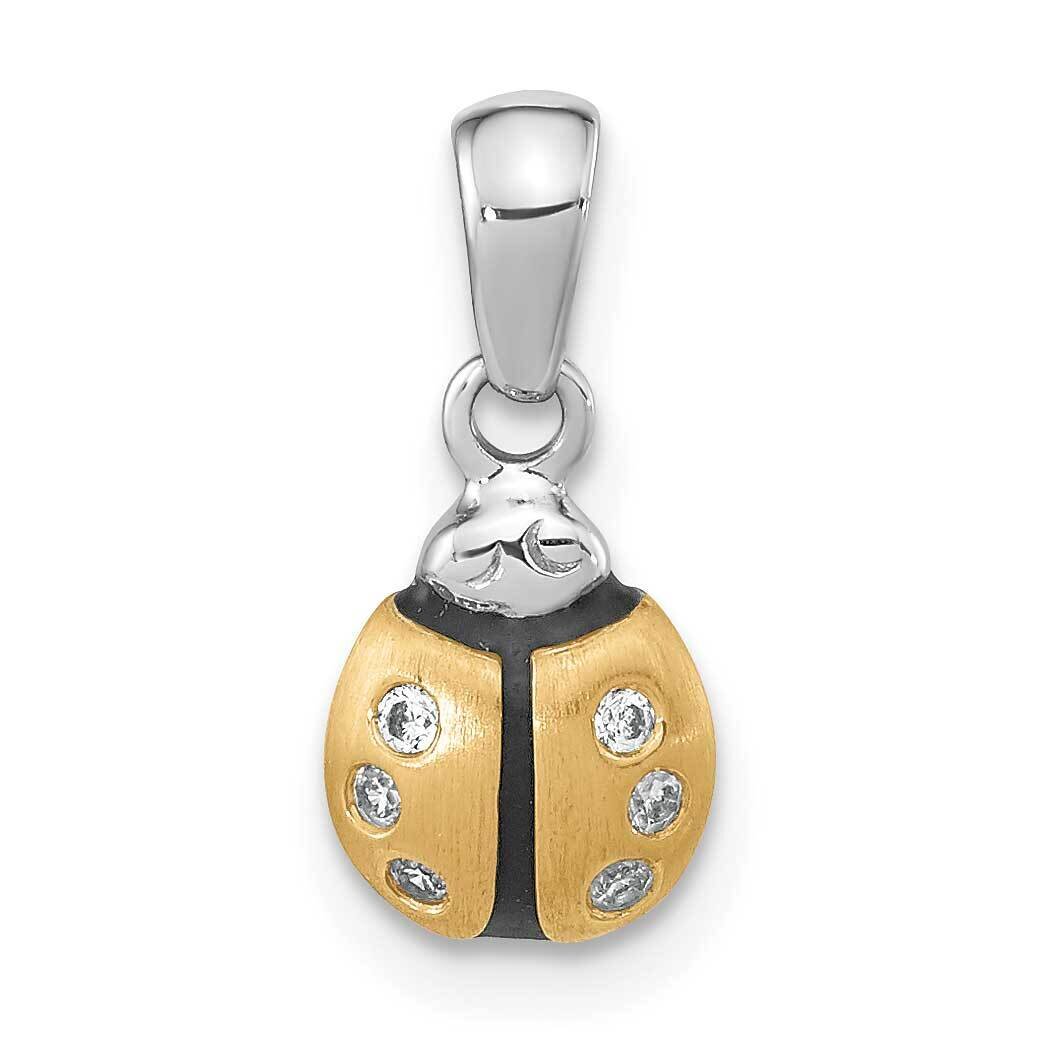 Gold-Plated CZ Diamond Enameled Brushed Lady Bug Pendant Sterling Silver Rhodium-Plated QP5534