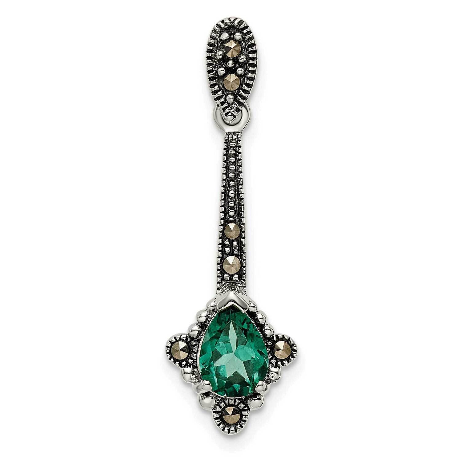 Marcasite &amp; Lab Created Green Quartz Pendant Sterling Silver Antiqued QP5579, MPN: QP5579,