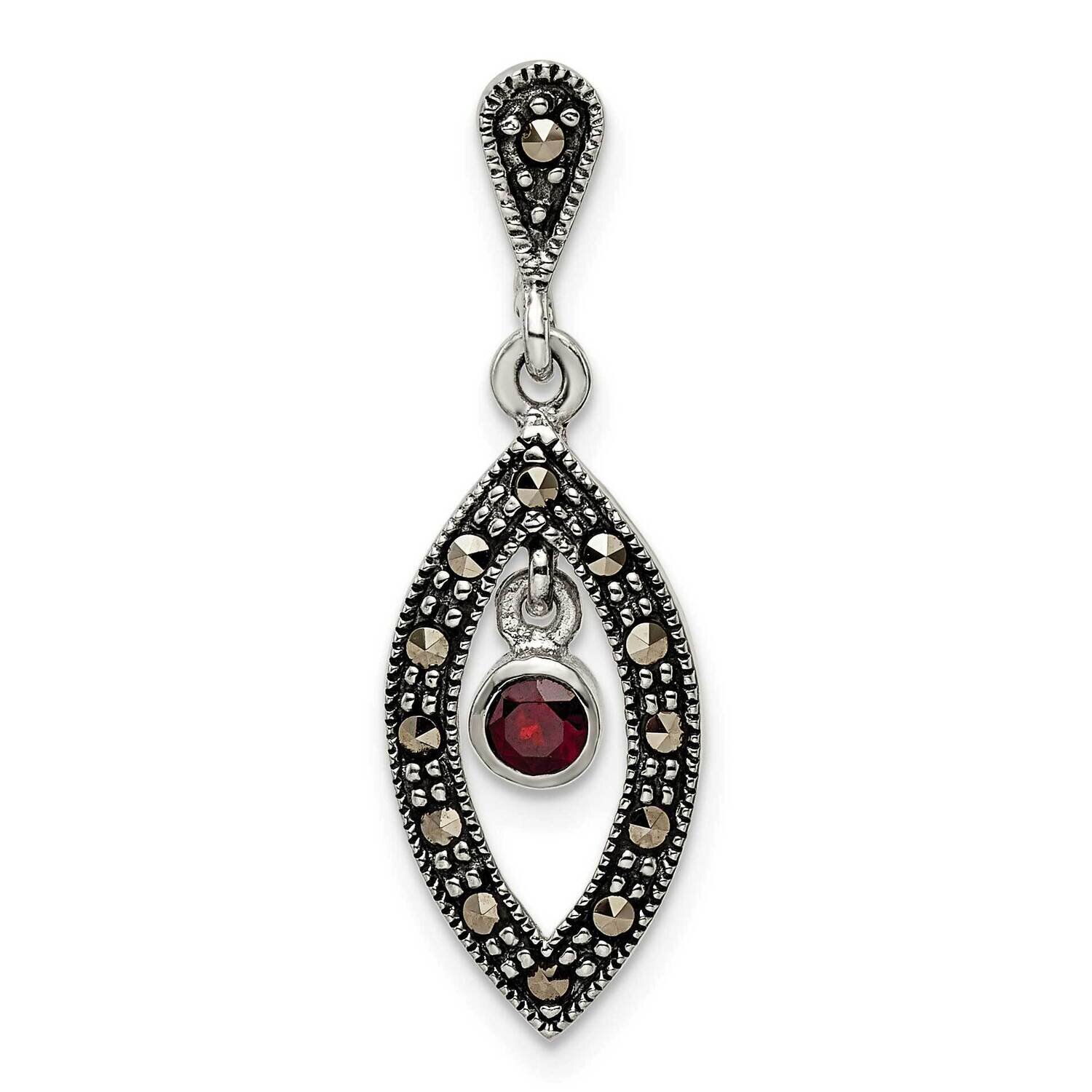Marcasite &amp; Red Glass Stone Pendant Sterling Silver Antiqued QP5580, MPN: QP5580,