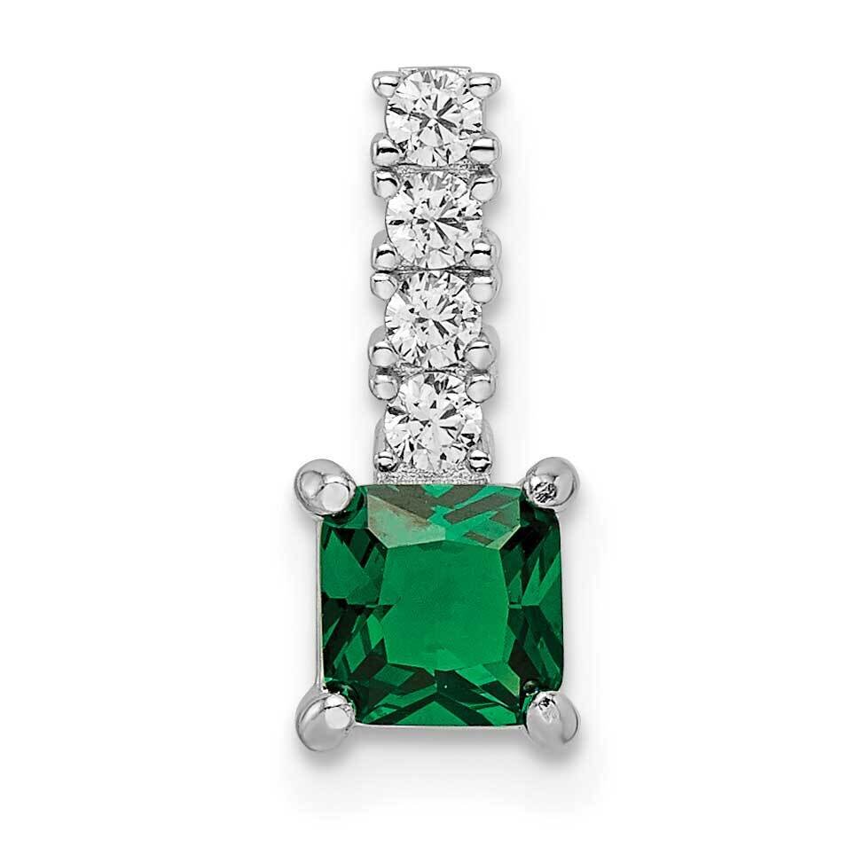 Rhodium-Plated Green & Clear CZ Diamond Square Pendant Sterling Silver Polished QP5623