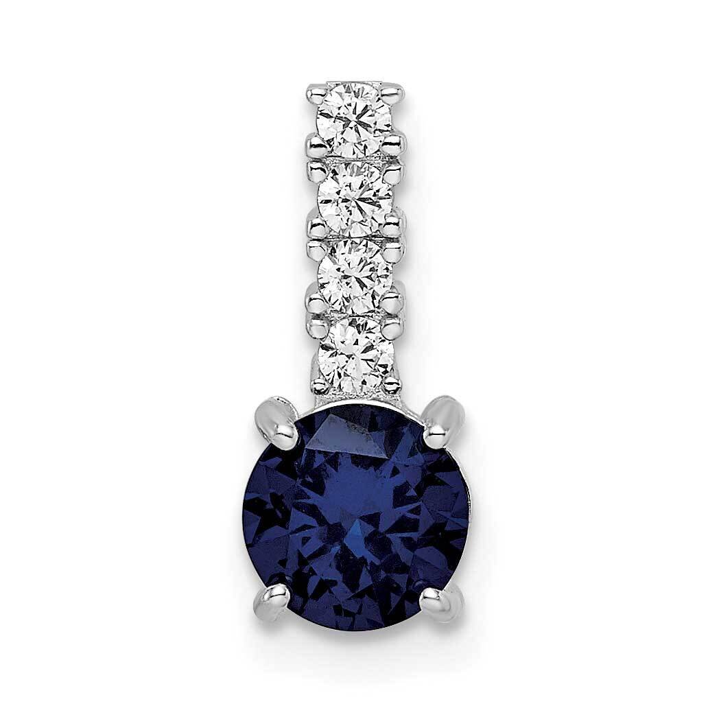 Rhodium-Plated Cr. Blue Spinel and CZ Diamond Pendant Sterling Silver Polished QP5625