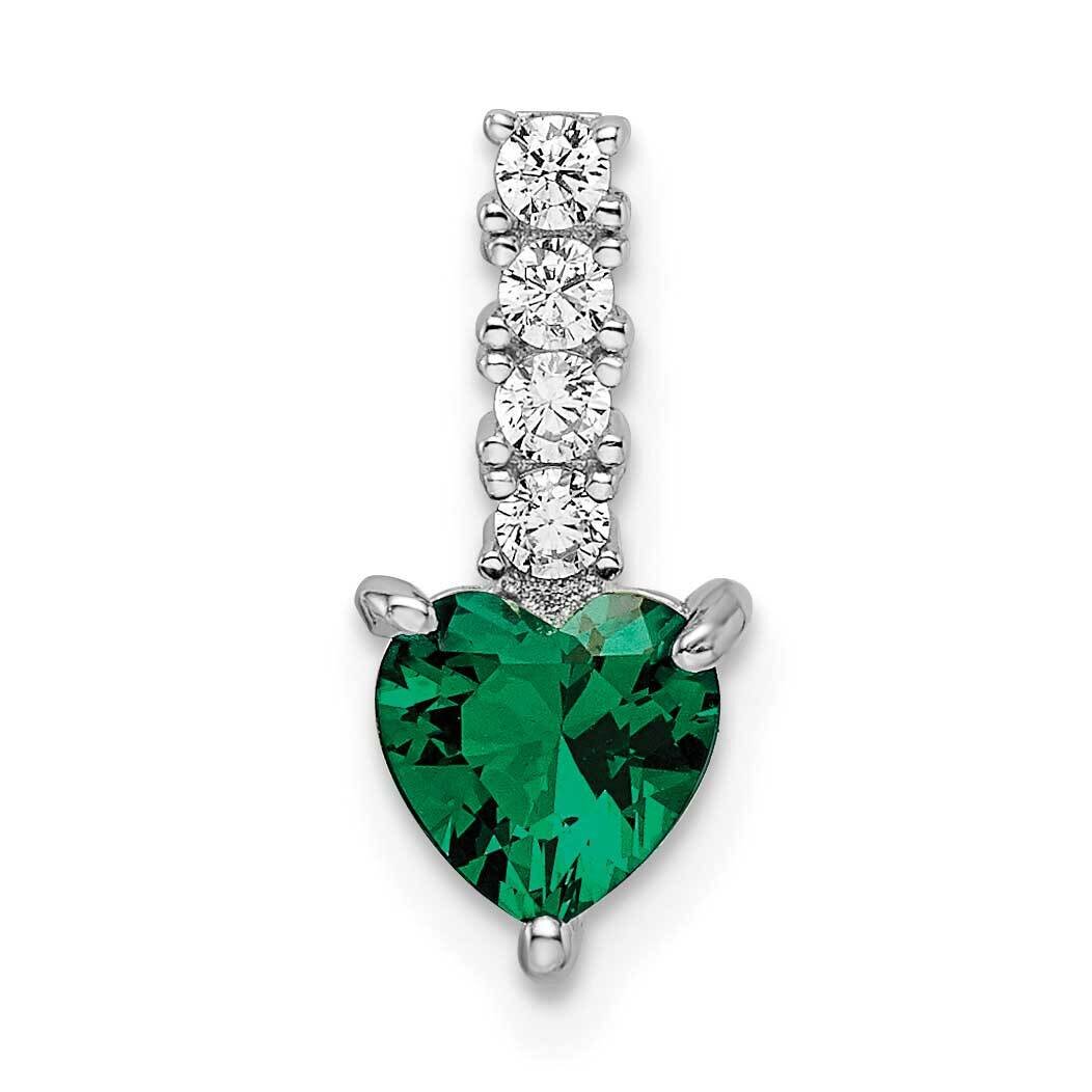 Rhodium-Plated Green &amp; Clear CZ Diamond Heart Pendant Sterling Silver Polished QP5629, MPN: QP5629,