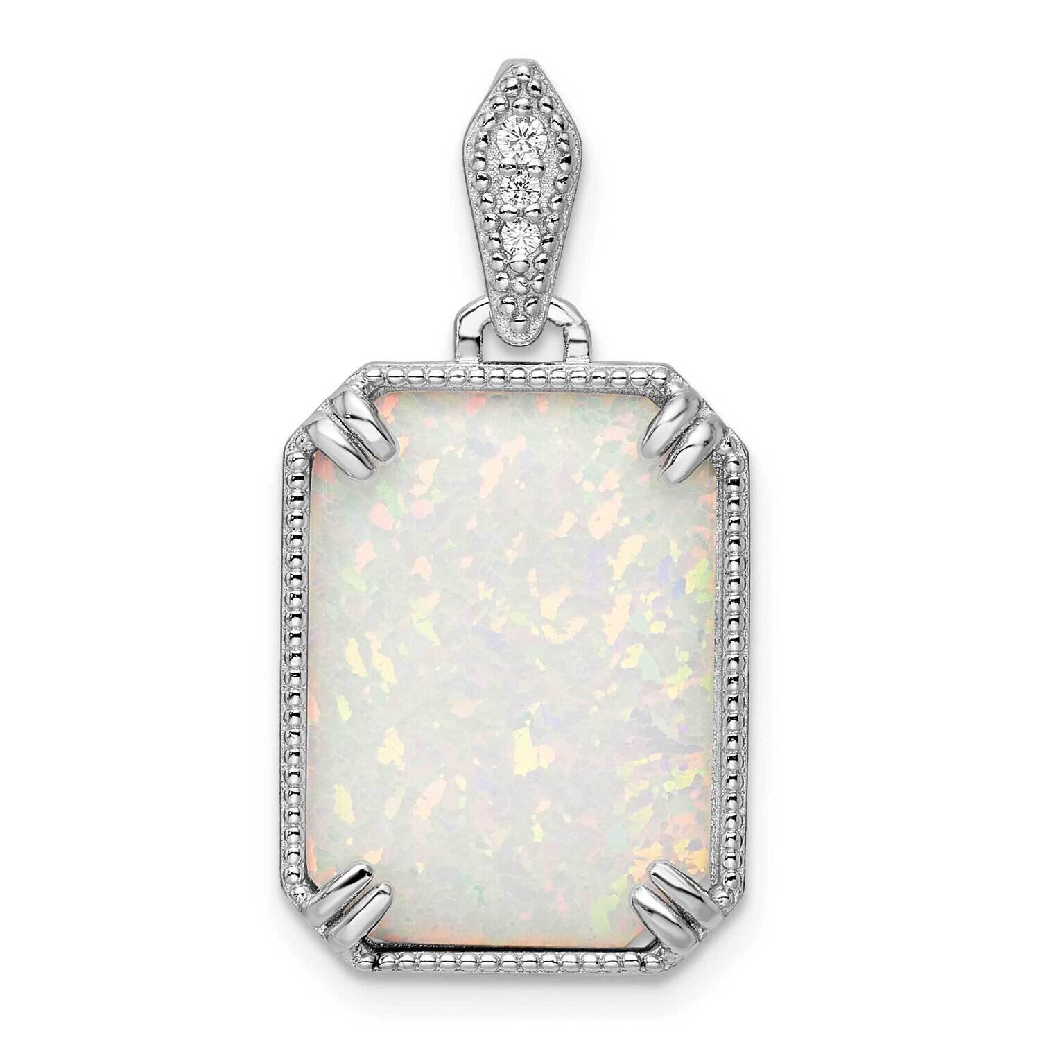 White Created Opal &amp; CZ Diamond Beaded Border Pendant Sterling Silver Rhodium-Plated QP5668, MPN: Q…