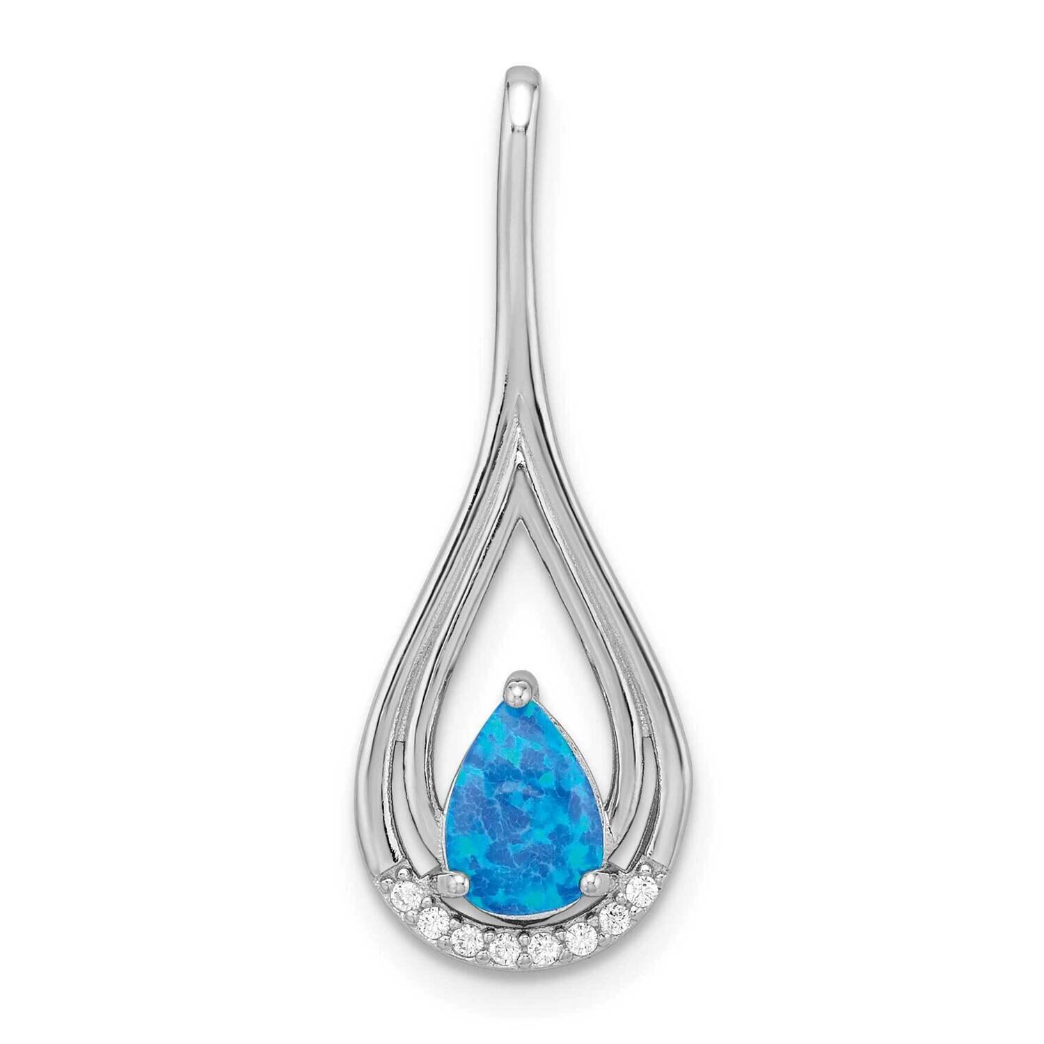 Blue Created Opal &amp; CZ Diamond Pendant Sterling Silver Rhodium-Plated Polished QP5671, MPN: QP5671,