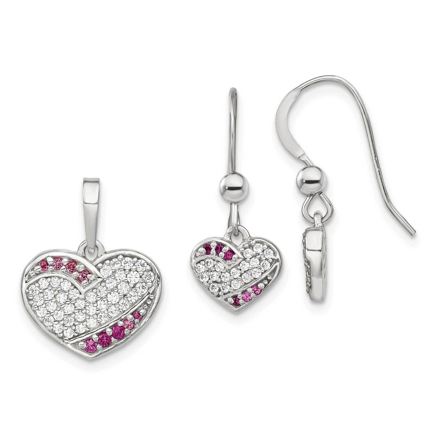 CZ Diamond Heart Dangle Earring &amp; Pendant Set Sterling Silver Rhodium-Plated QST266, MPN: QST266,