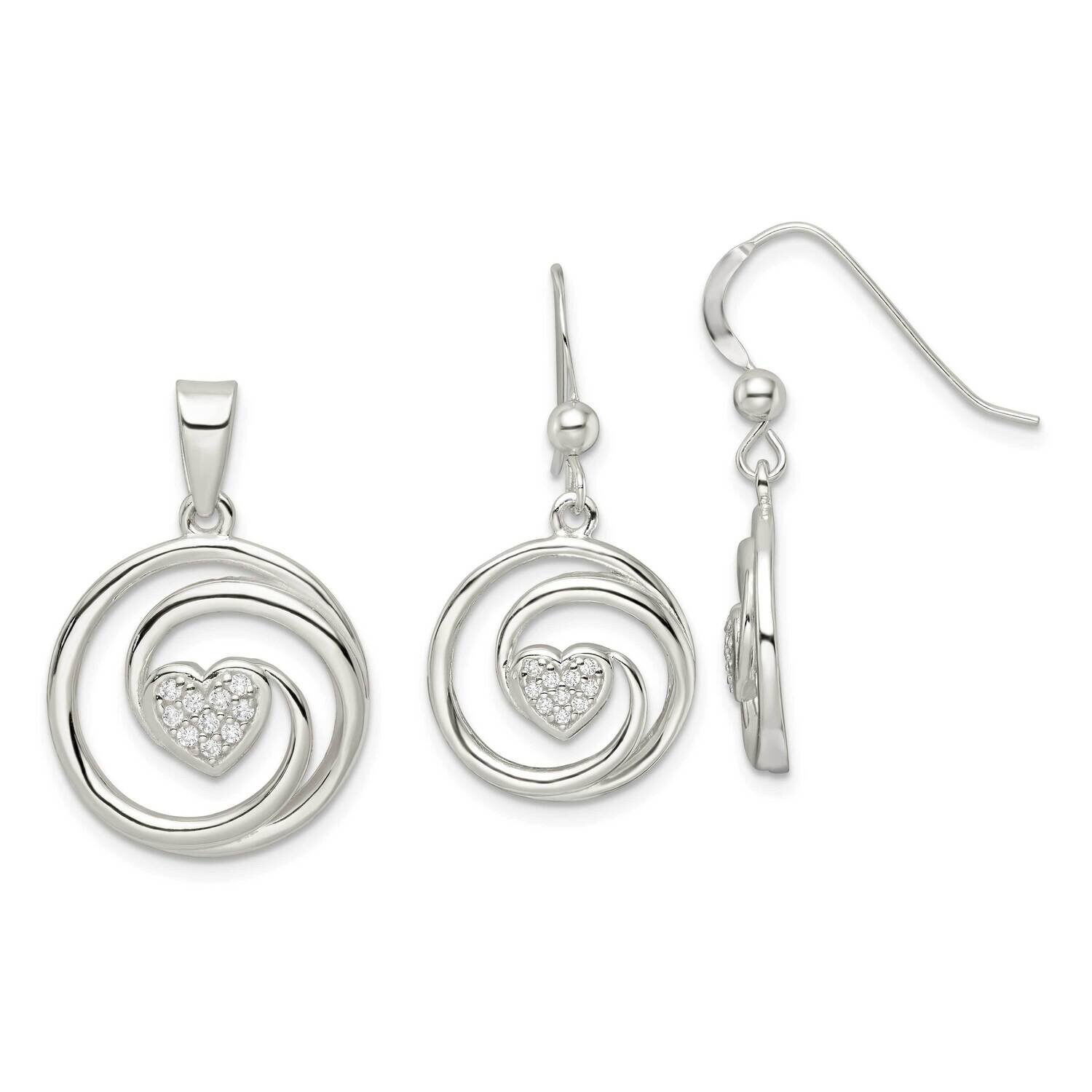 Heart In Circle Pendant and Earrings Set Sterling Silver Cz Diamond QST267, MPN: QST267,