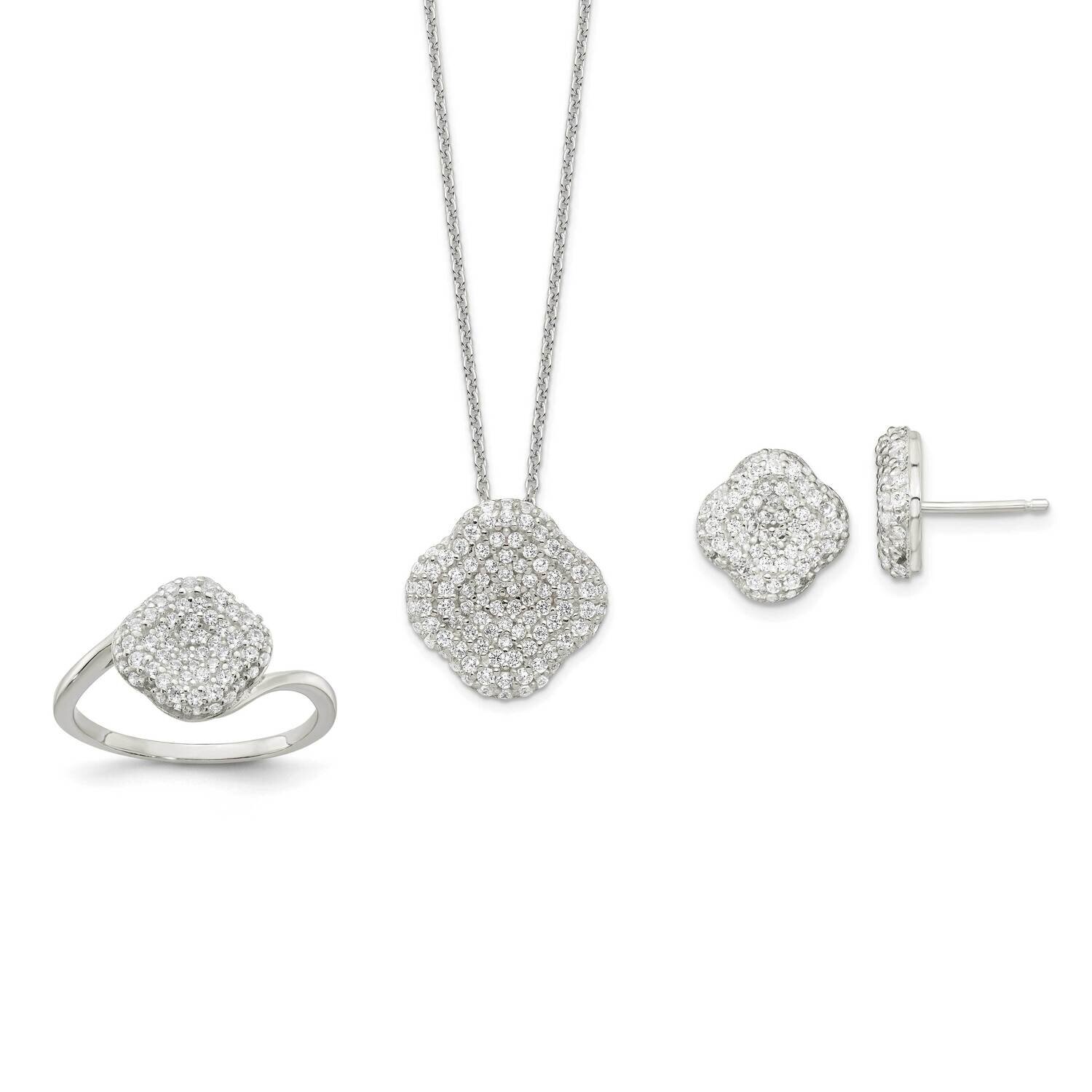 16 In with 1.5 In Extender CZ Diamond Square Necklace, Earrings and Rin 16 Inch Sterling Silver QST268