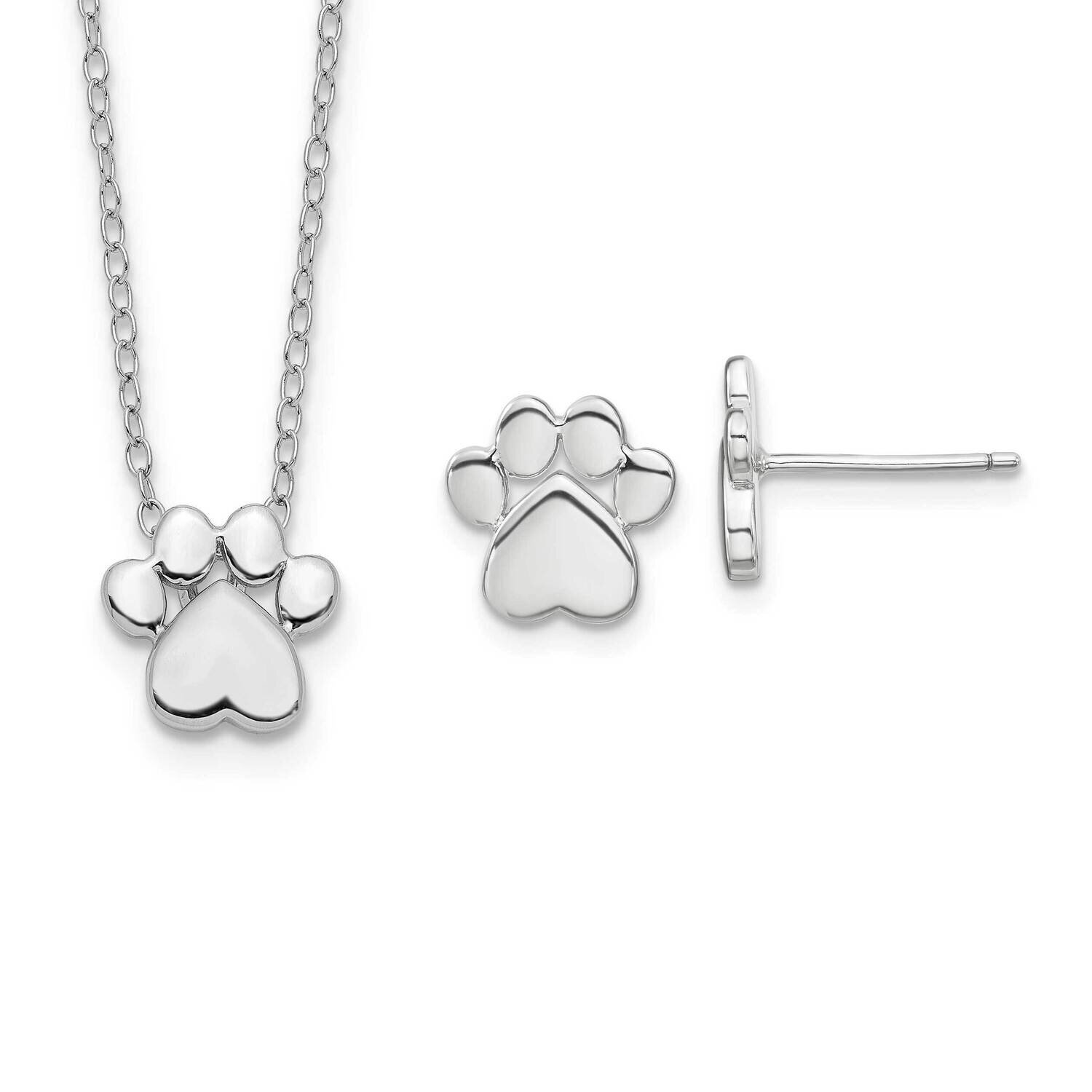 Paw Print with 2 In Extender Post Earring Necklace Set 16 Inch Sterling Silver Rhodium-Plated QST27…