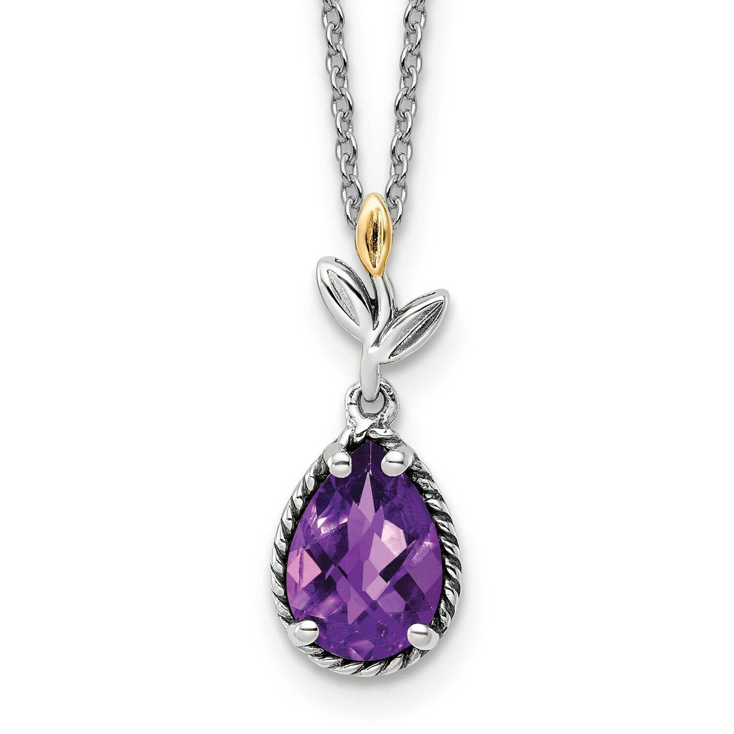 Sterling Silver with Leaves Pear Shape 1.45Am Amethyst Necklace 18 Inch 14k Gold QTC1748