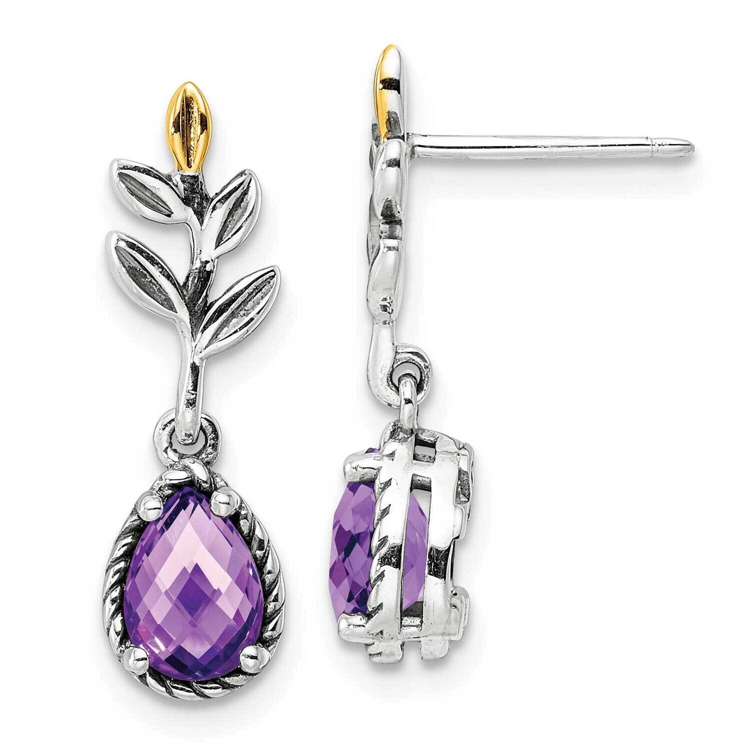 Sterling Silver with Leaf 1.33Am Amethyst Dangle Post Earrings 14k Gold QTC1751