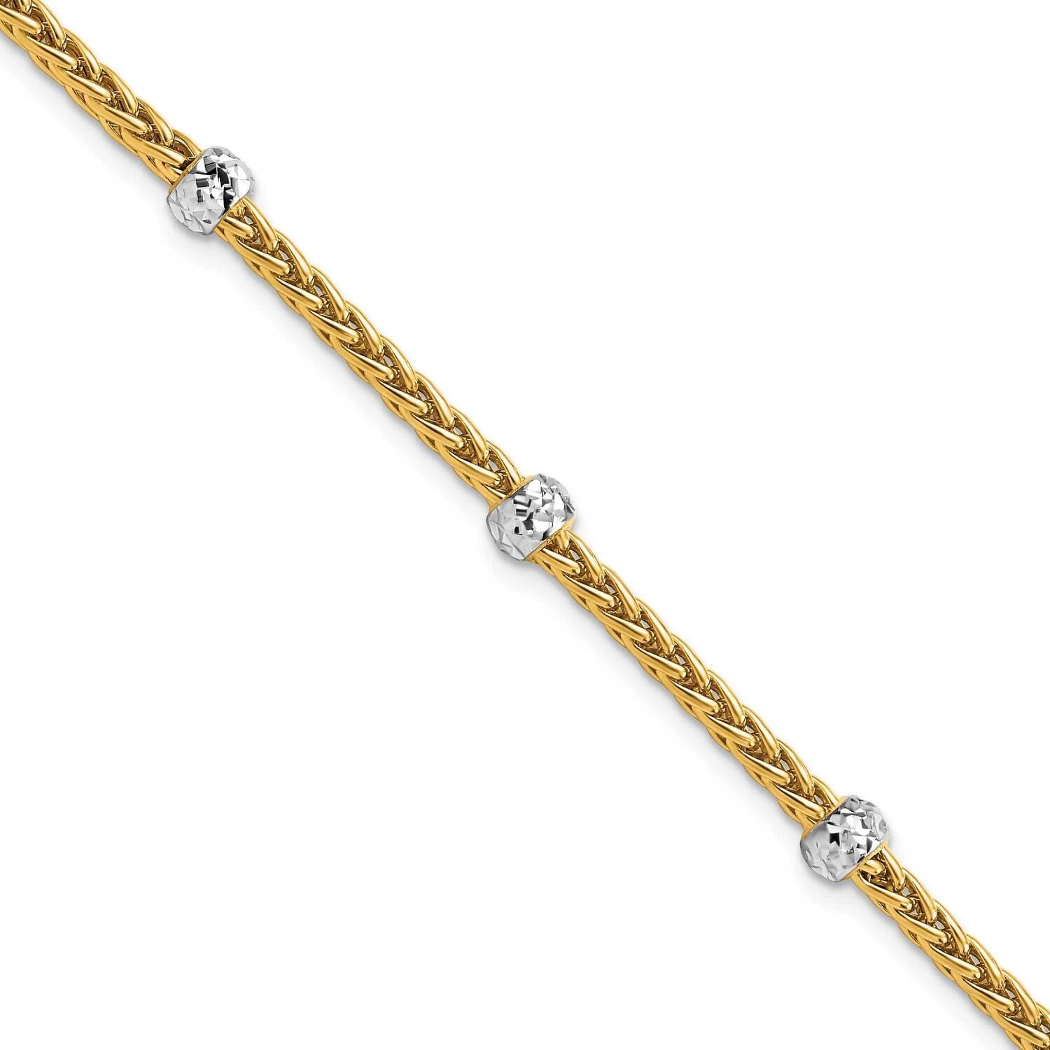 White Rhodium Polished Diamond-Cut Beaded Wheat Bracelet 14k Gold SF2847-7.5