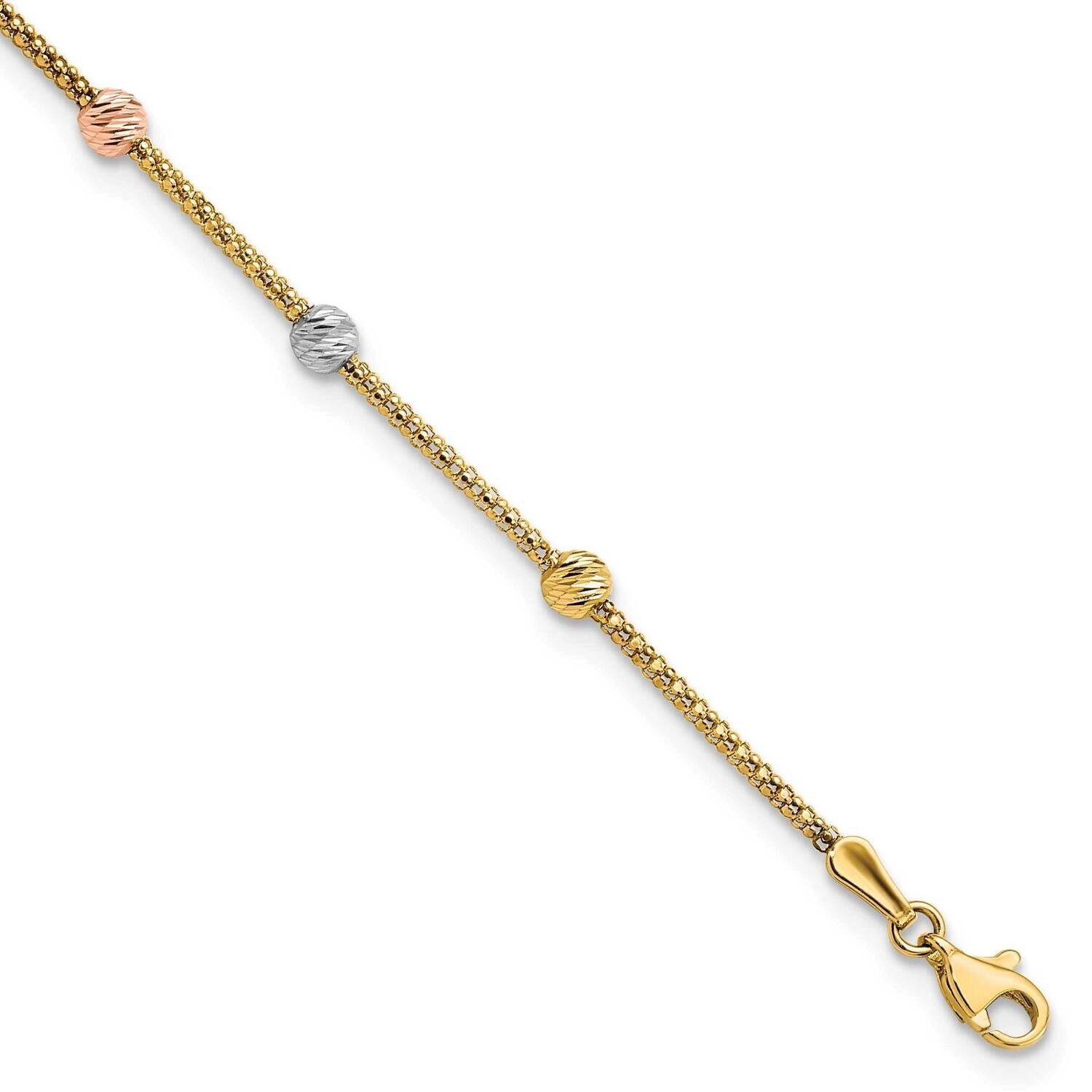 Diamond-Cut 7-Station Bead and Chain Bracelet 14k Tri-Color Gold SF2860-7.25