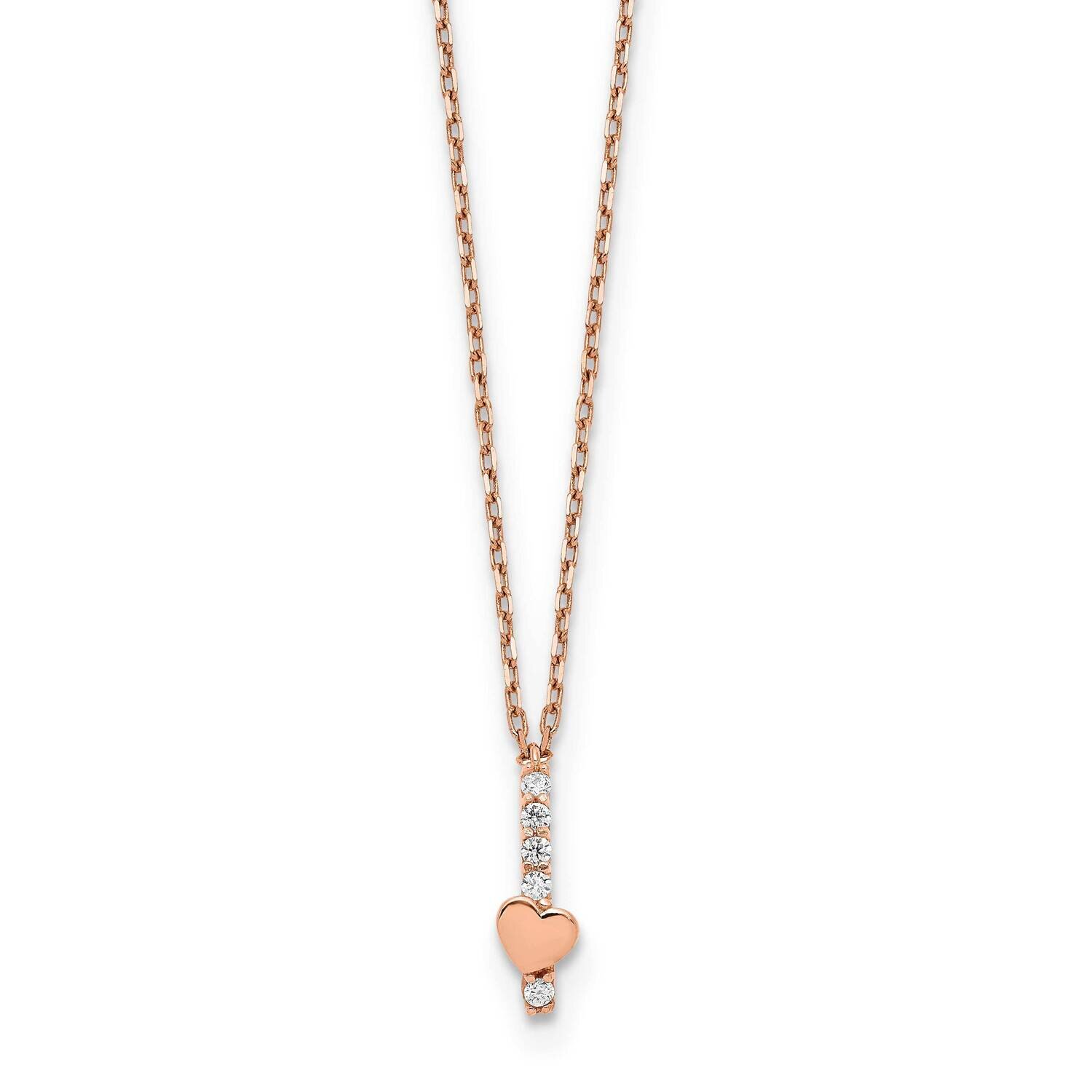 Polished CZ Diamond Heart with 1.25 In Extender Necklace 16 Inch 14k Rose Gold SF2866-15