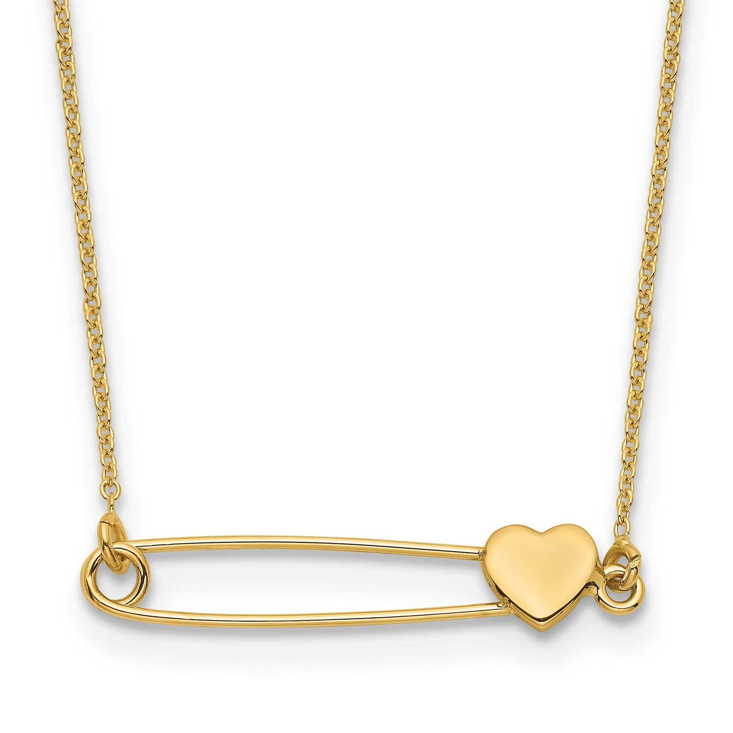 Safety Pin with Heart Necklace 17 Inch 14k Gold SF2877-17