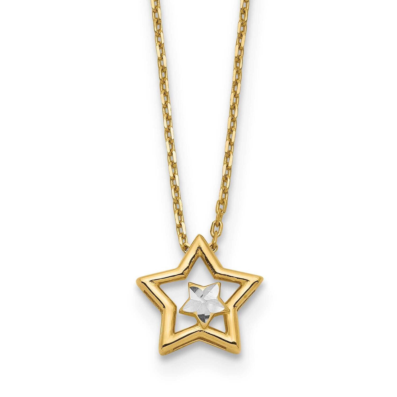 Rhodium Diamond-Cut Star In Star Necklace 18 Inch 14k Gold SF2902-18