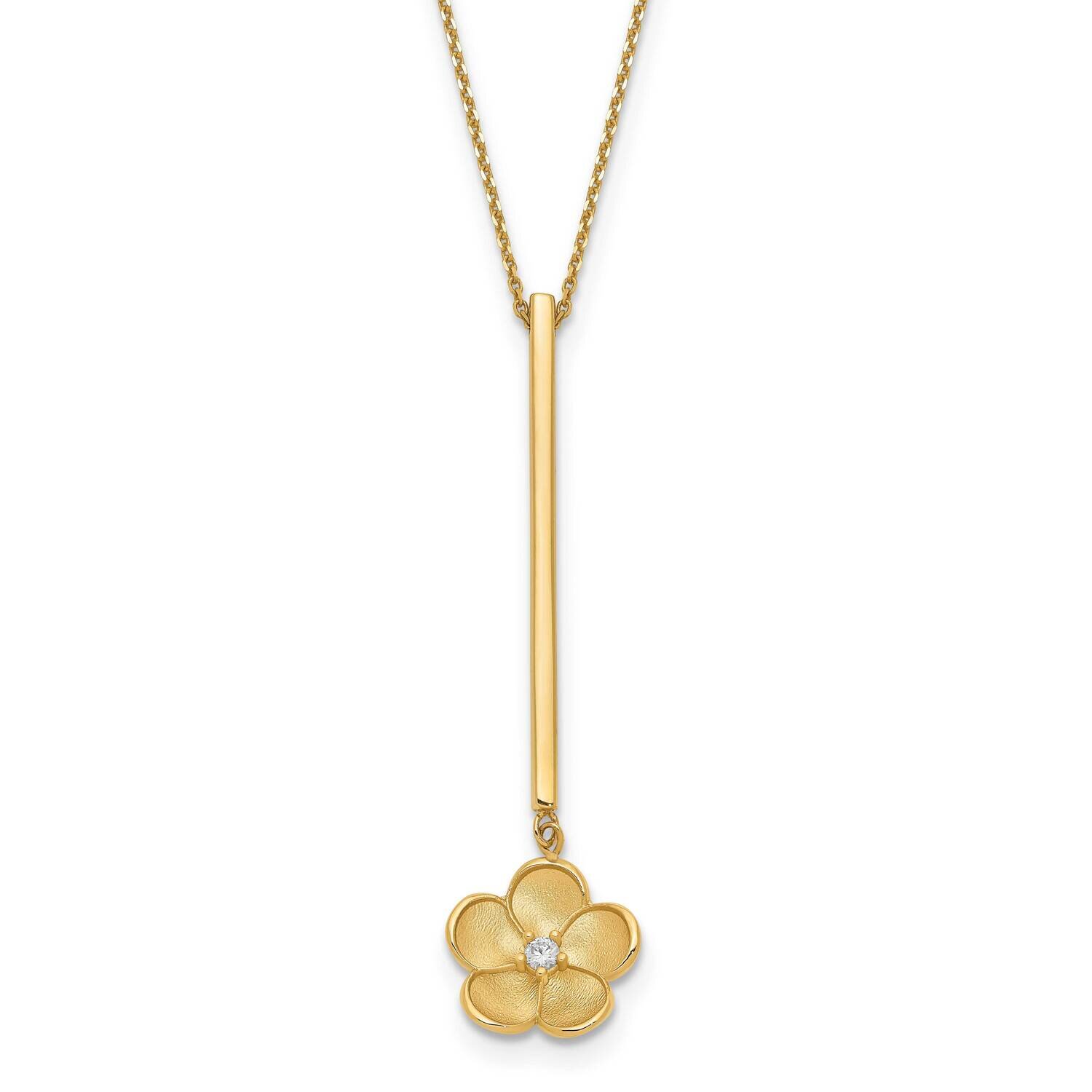 Satin Flower Dangle CZ Diamond with 2 In Extender Necklace 16 Inch 14k Gold Polished SF2904-16