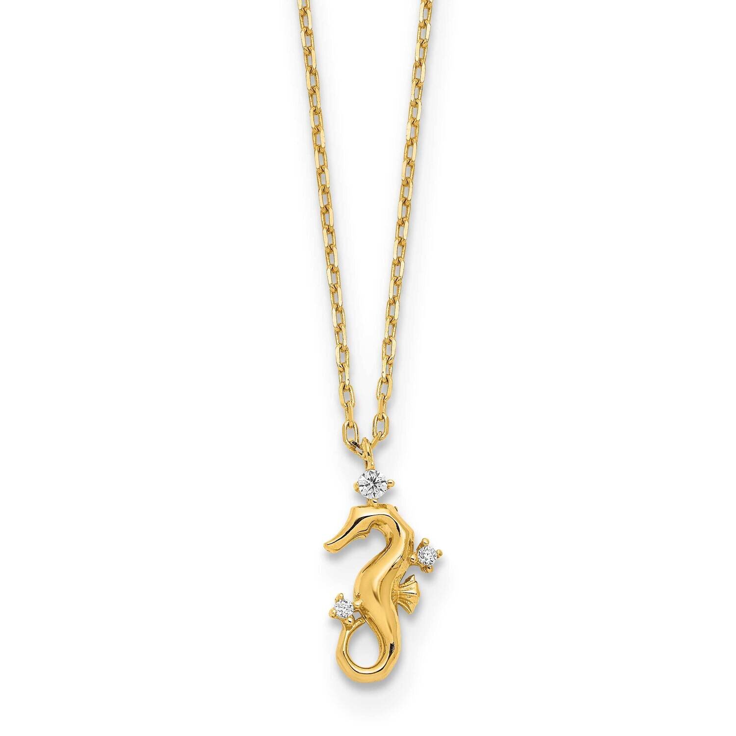 CZ Diamond Seahorse with 1.25 In Extender Necklace 15 Inch 14K Yellow Gold Polished SF2908-15