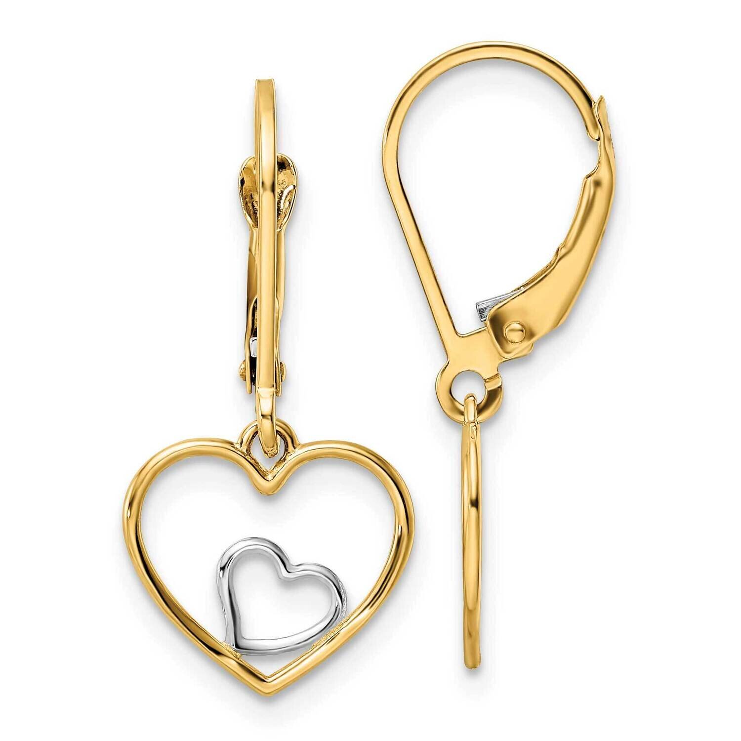 Rhodium Heart In Heart Leverback Dangle Earrings 14k Gold TE966, MPN: TE966, 191101731785