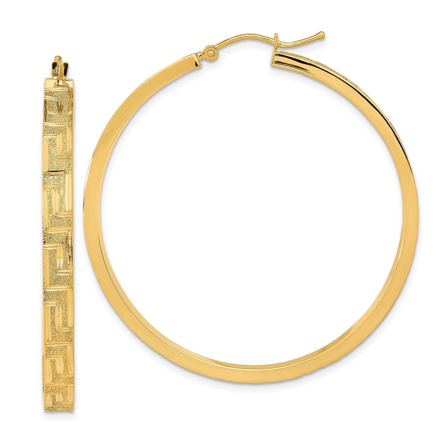 Satin Greek Pattern Hoop Earrings 14k Gold Polished TF2058