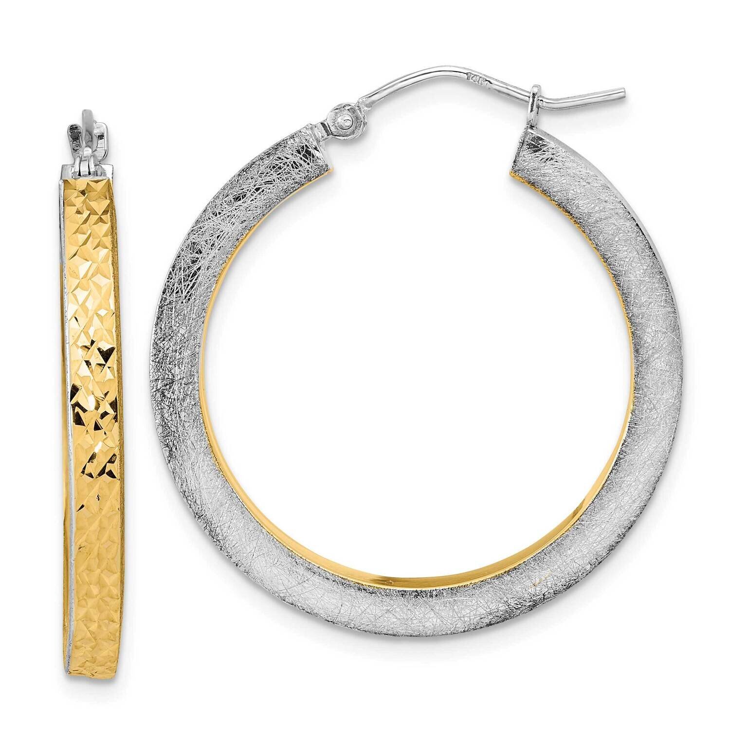 Yellow Rhodium Polished Brushed Diamond-Cut Hoop Earrings 14k White Gold TF2079WY