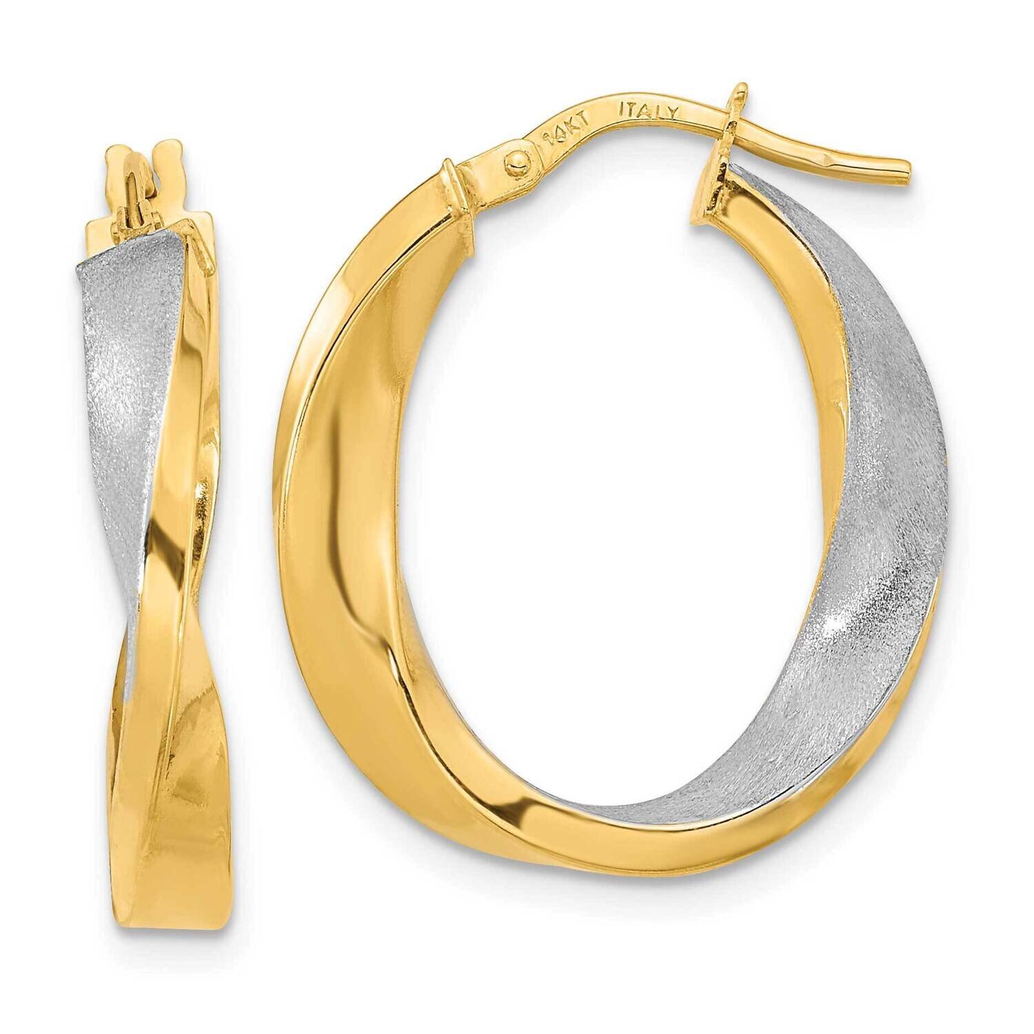 Polished and Satin Oval Twist Hoop Earrings 14k Gold with White Rhodium TF2126