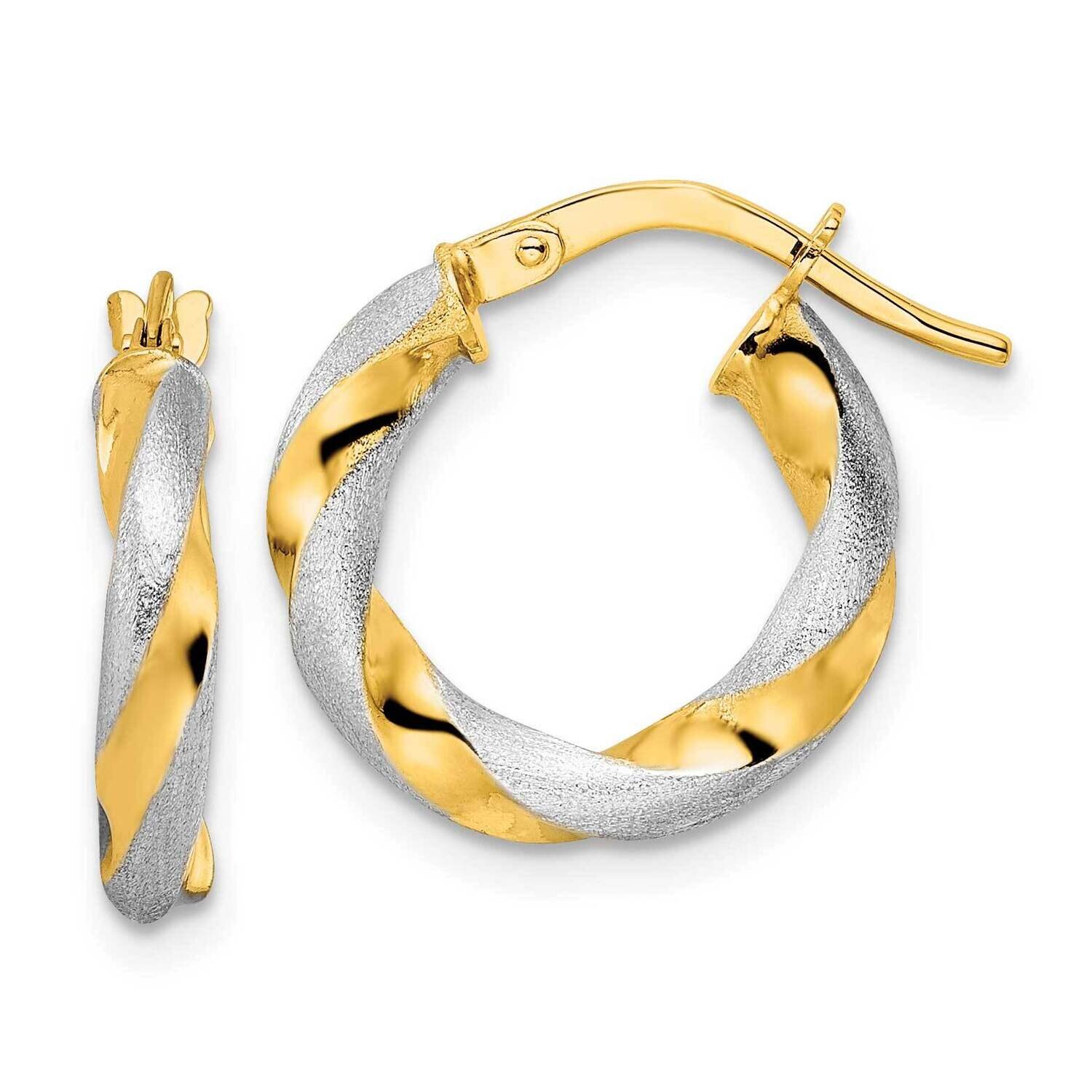 Brushed and Polished Twisted Hoop Earrings 14k Gold with White Rhodium TF2129