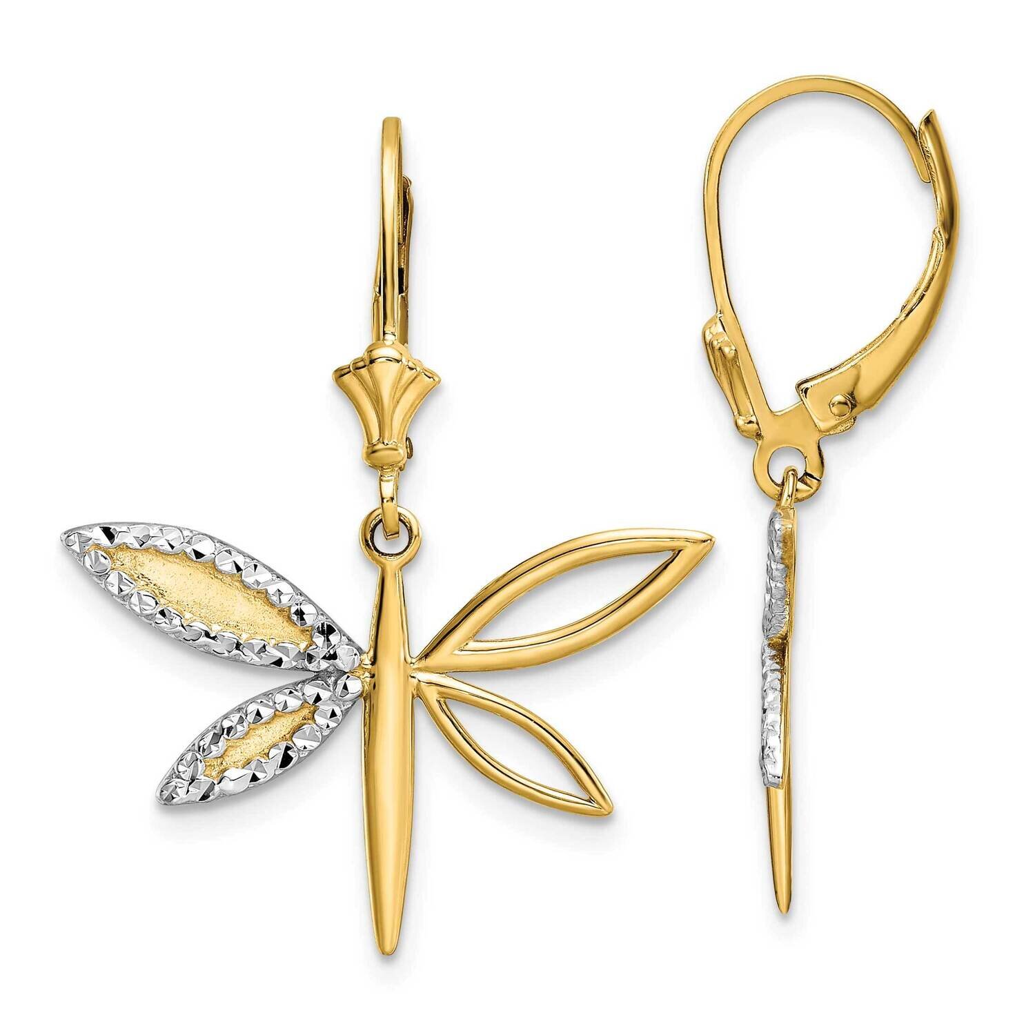 Dragonfly Leverback Earrings 14k Gold & White Rhodium Diamond-Cut TM799