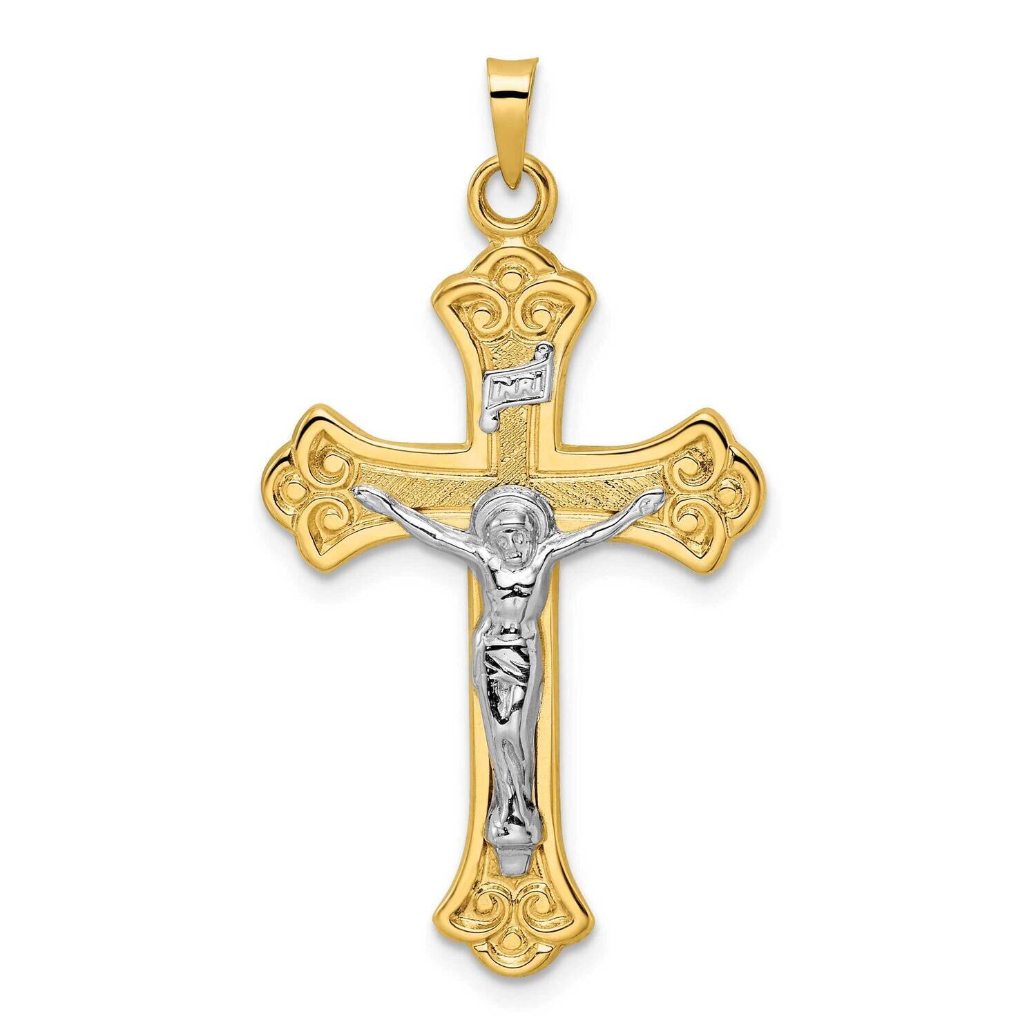Solid Inri Fleur De Lis Crucifix Pendant 14k Two-Tone Gold Polished XR1877