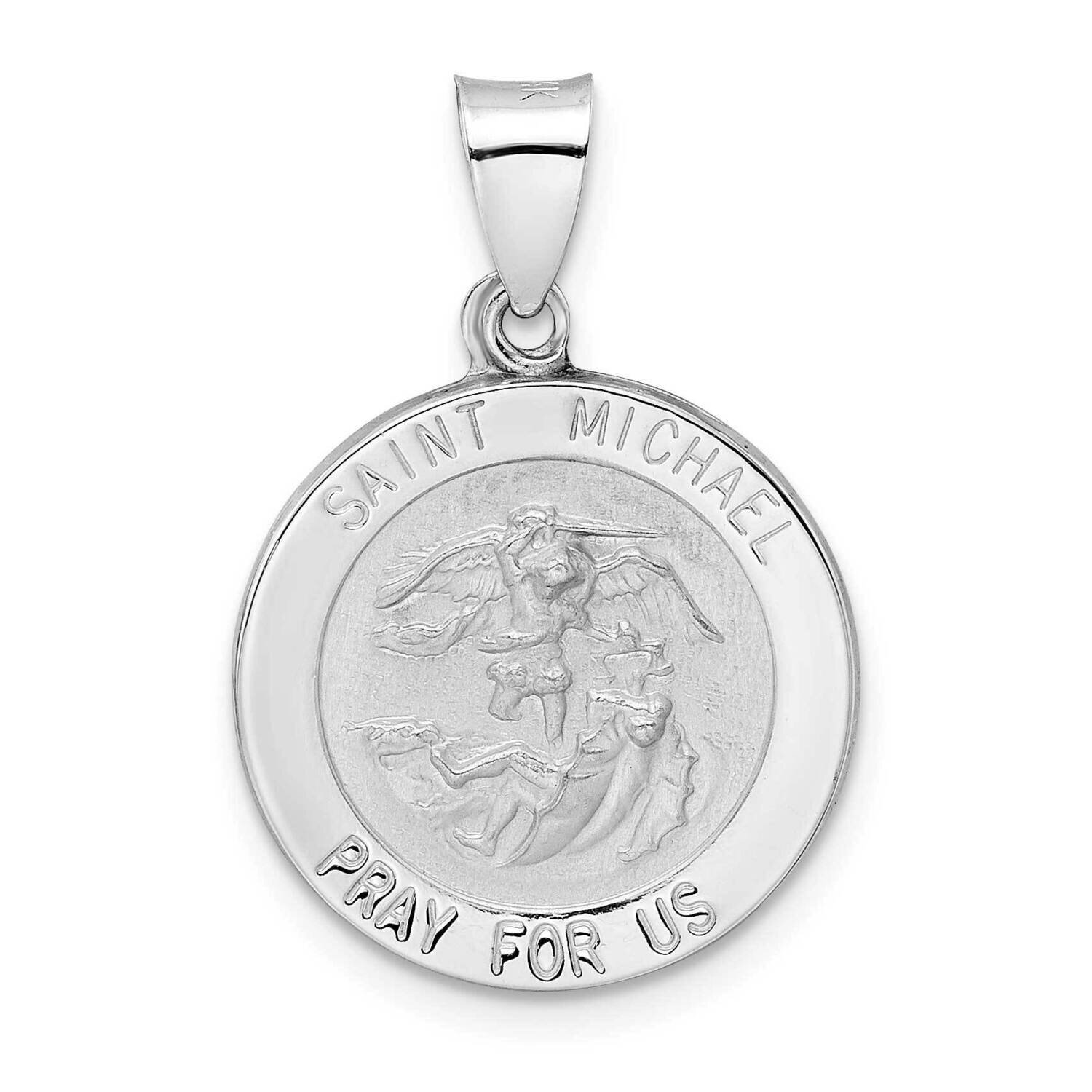 Satin Hollow St Michael Medal Pendant 14k White Gold Polished XR1945, MPN: XR1945,
