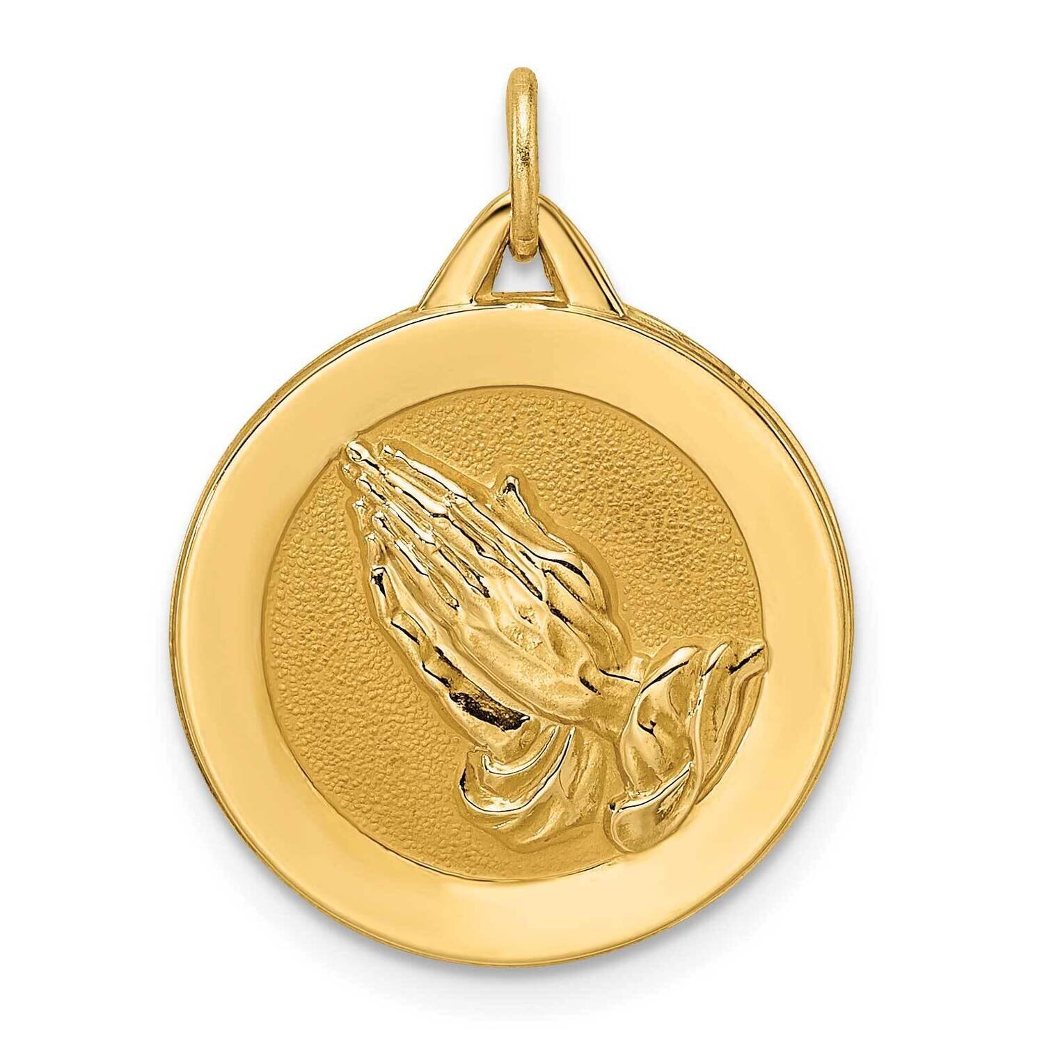 Satin Solid Praying Hands Disc Pendant 14k Gold Polished XR1949, MPN: XR1949,