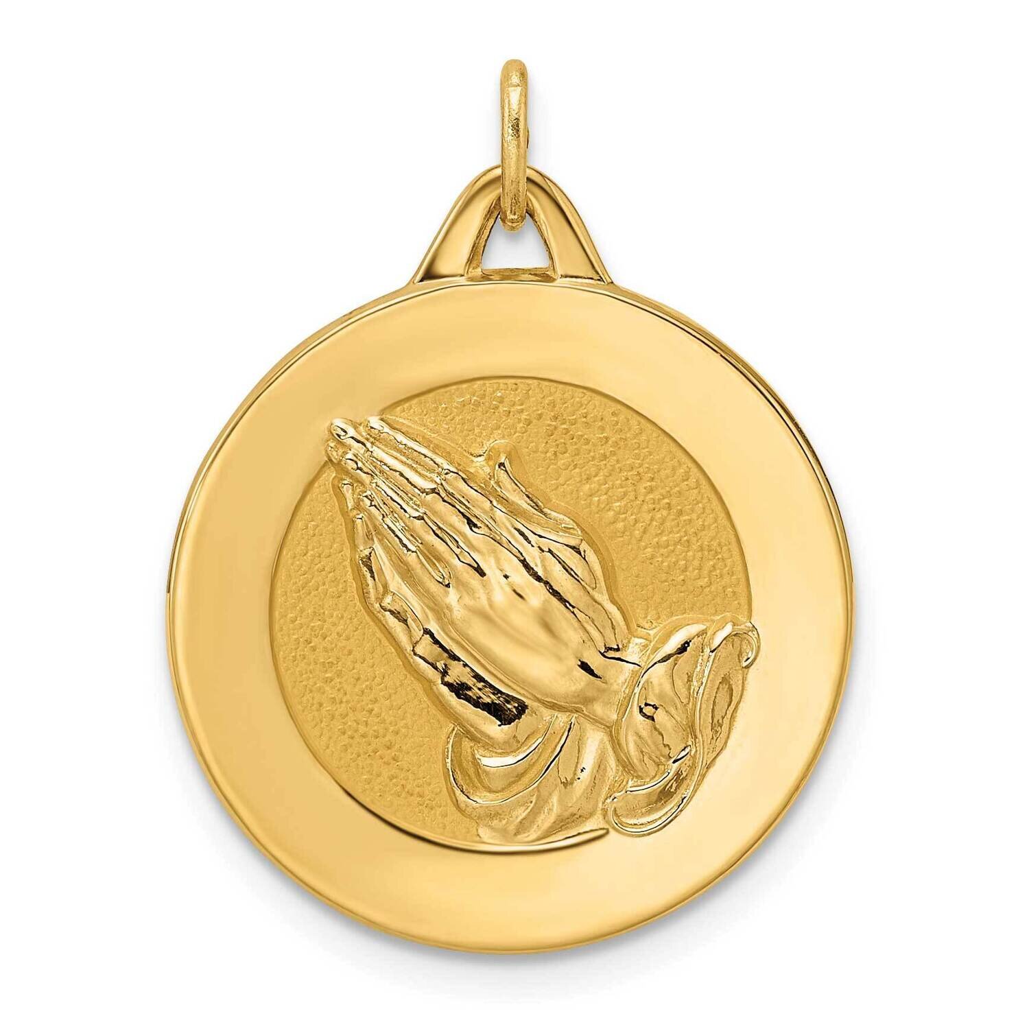 Satin Solid Praying Hands Disc Pendant 14k Gold Polished XR1951, MPN: XR1951,