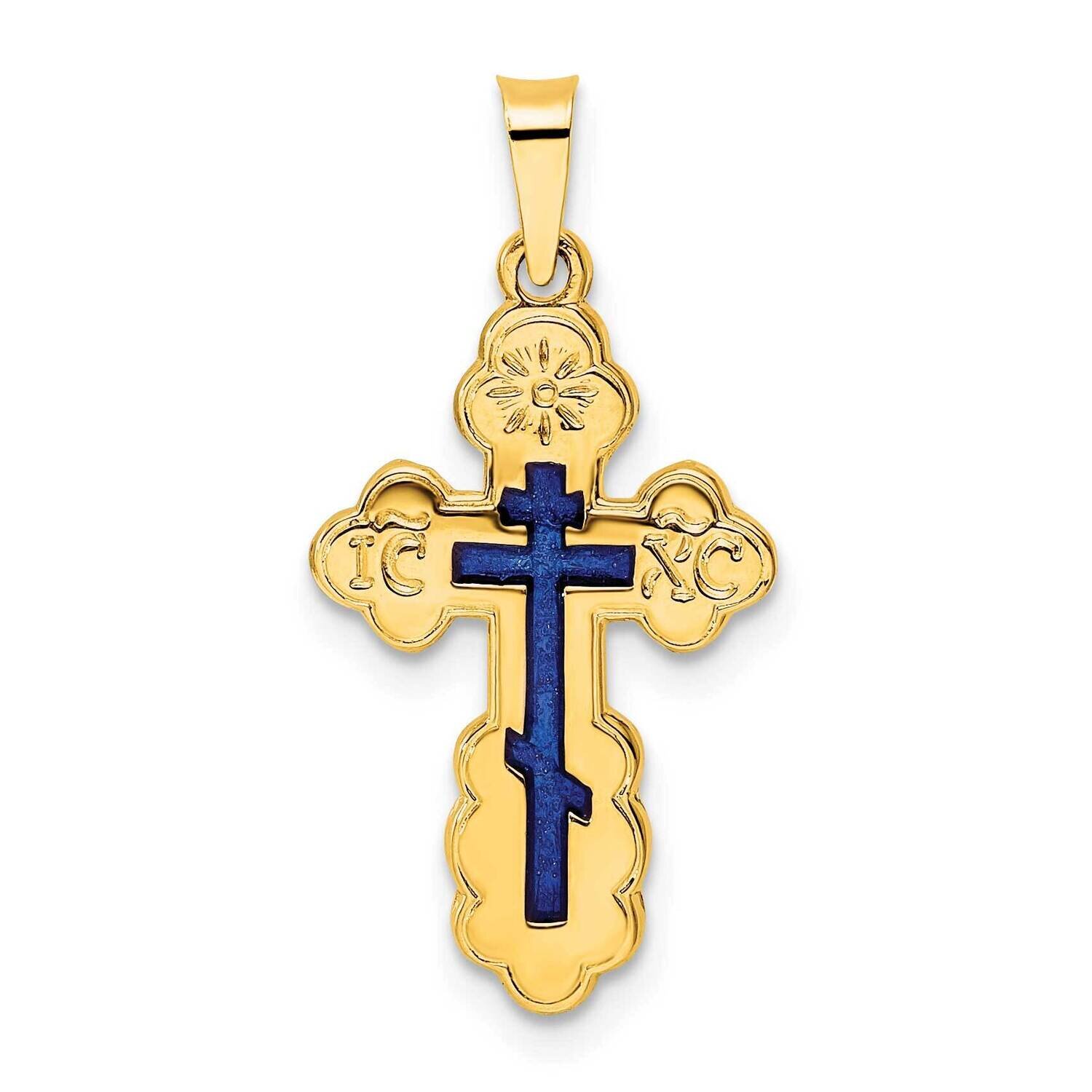 Eastern Orthodox Blue Enamel Solid Cross Pendant 14k Gold Polished XR2022