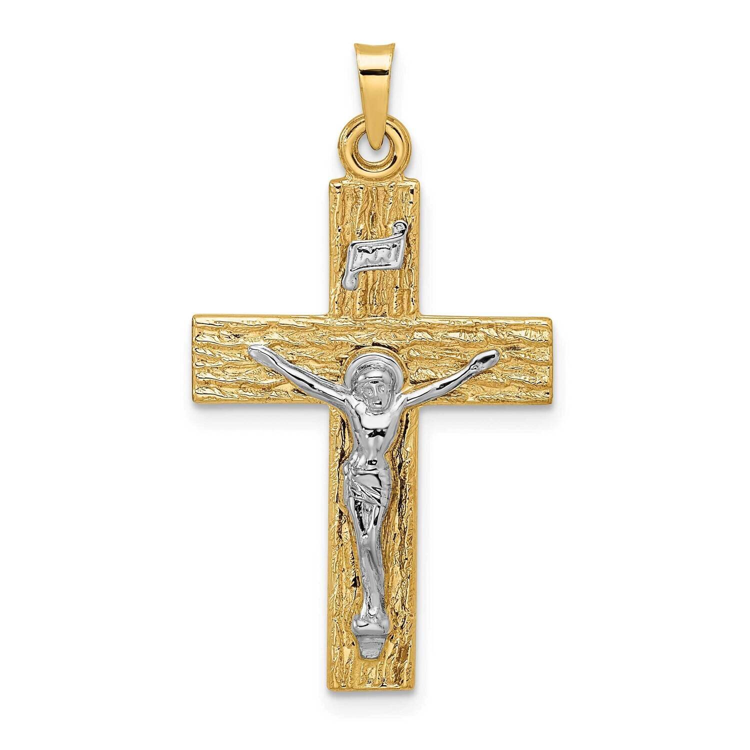 Wood Texture Solid Inri Crucifix Pendant 14k Two-Tone Gold Polished XR2034, MPN: XR2034,