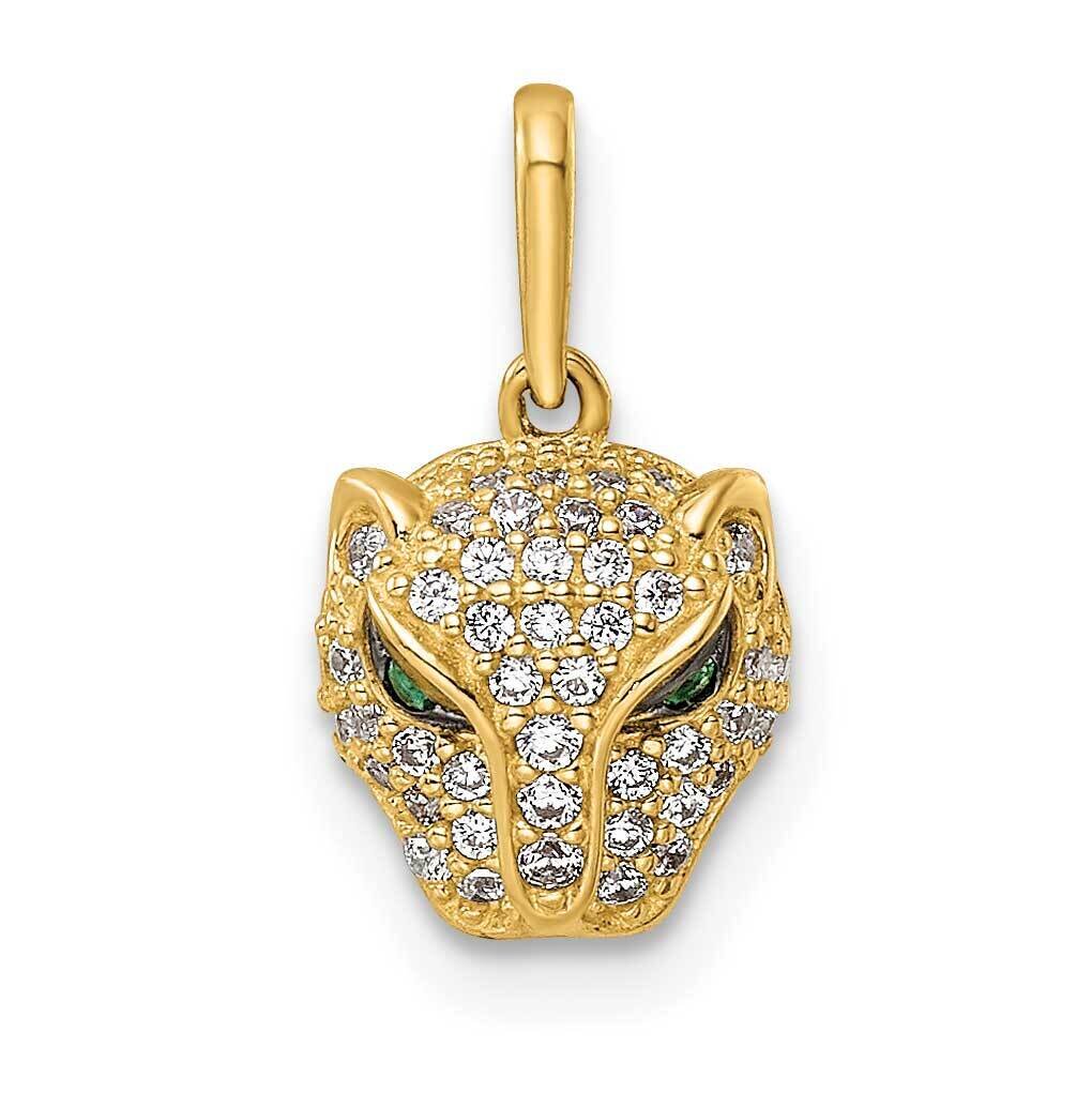 Green &amp; White CZ Diamond Lioness Head Pendant 14k Gold Polished YC1474