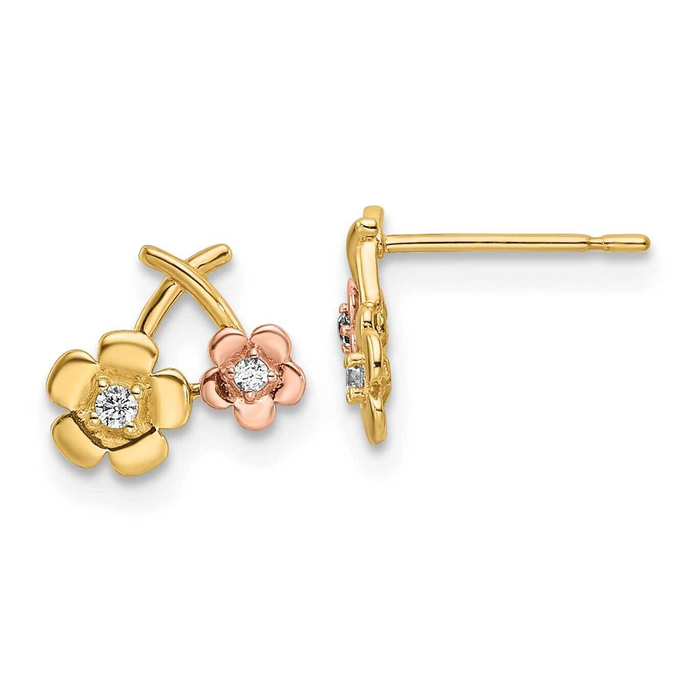 CZ Diamond Flowers Post Earrings 14k Two-Tone Gold YE2093