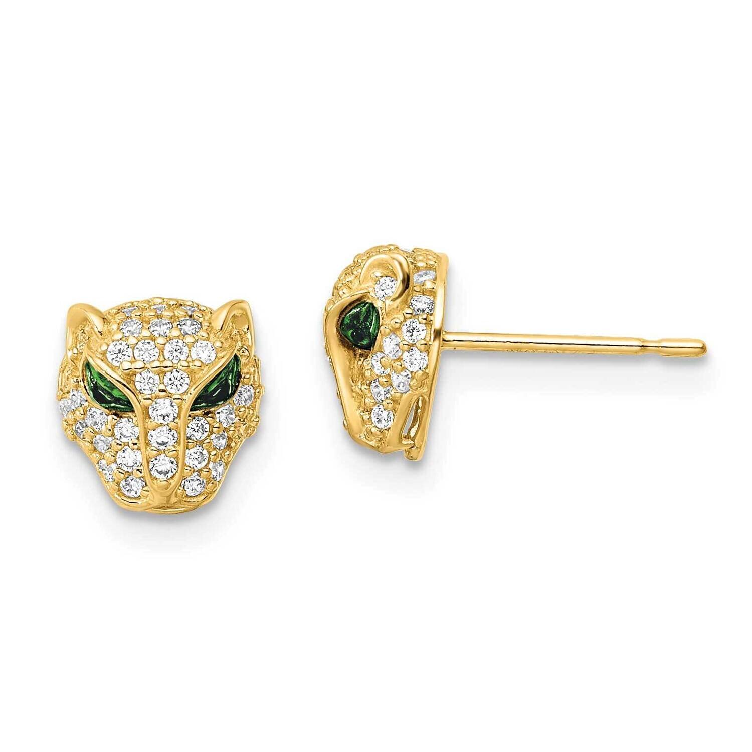 Green &amp; White CZ Diamond Lioness Head Post Earrings 14k Gold Polished YE2105, MPN: YE2105, 19110178…