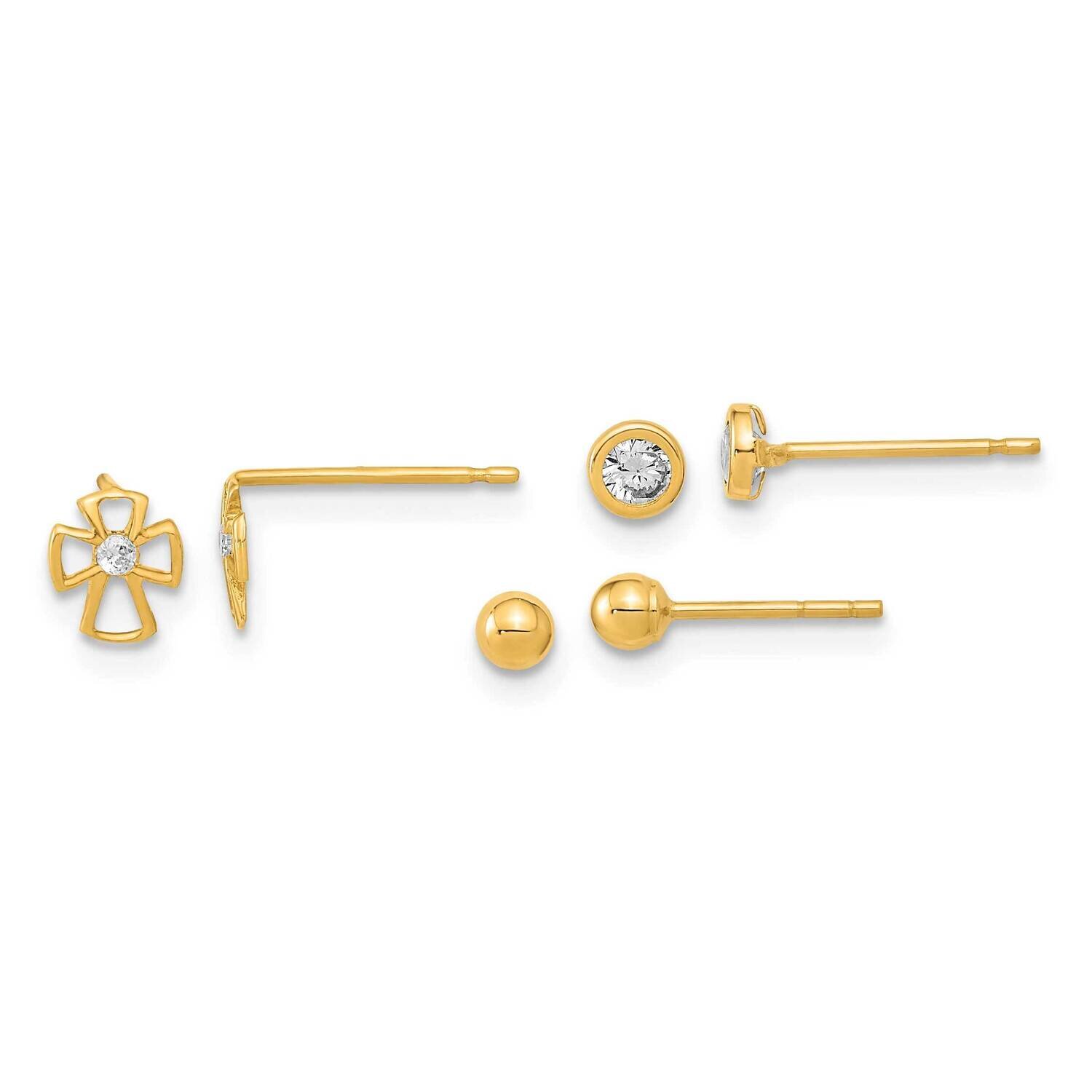 Set of Ball Post Cross and CZ Diamond Bezel 3 Pair Earrings Set 14k Gold Polished YE2125, MPN: YE21…